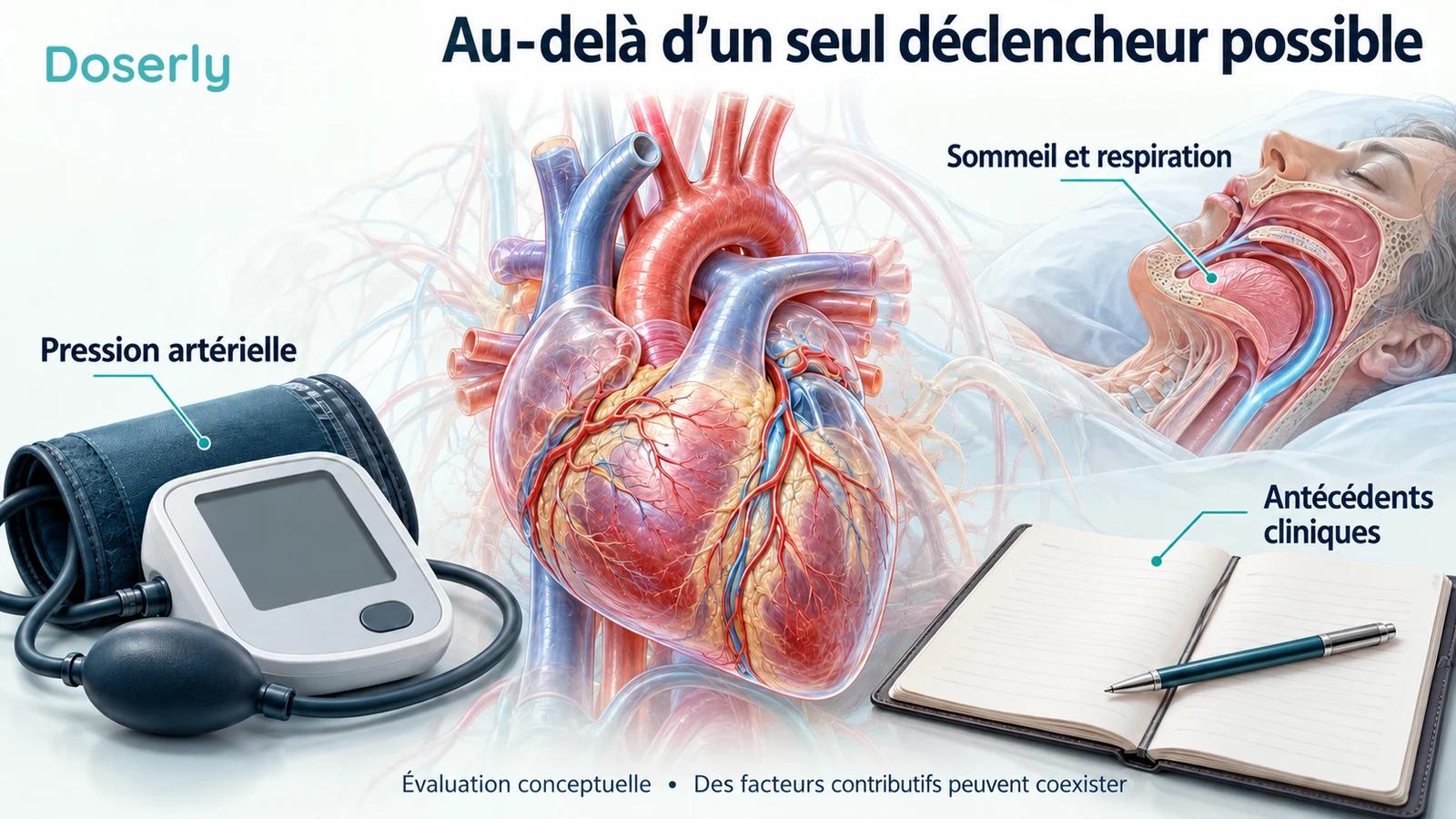 Un modèle cardiaque est présenté avec un brassard de pression artérielle, un encadré sur les voies respiratoires pendant le sommeil et un carnet d’antécédents cliniques.