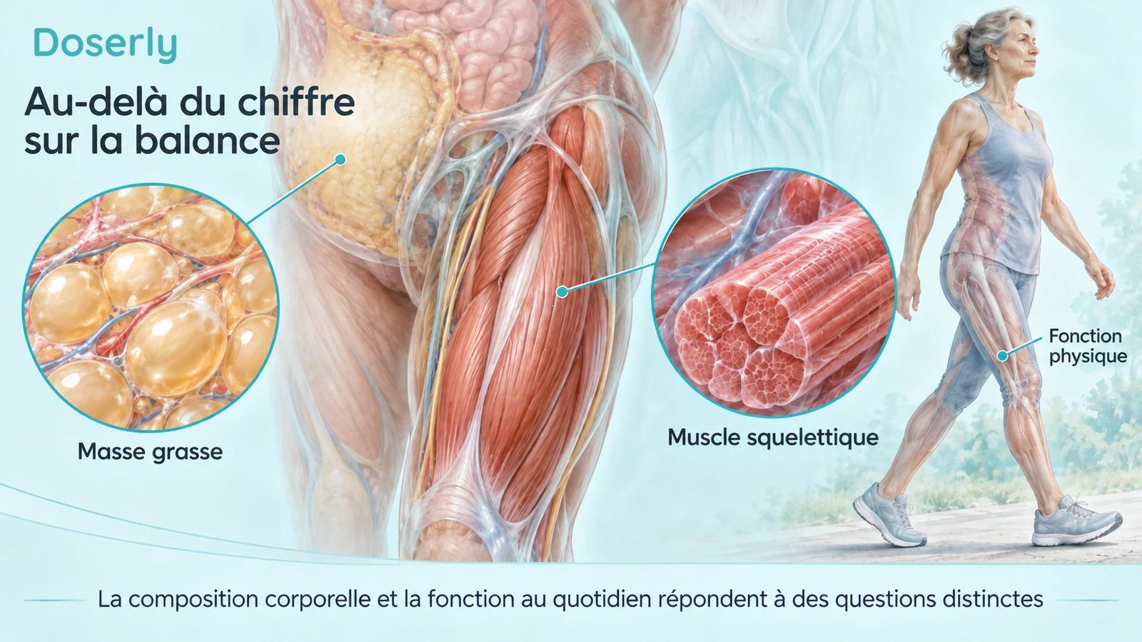 Du tissu adipeux, des fibres musculaires et une petite silhouette qui marche distinguent la composition corporelle de la fonction.