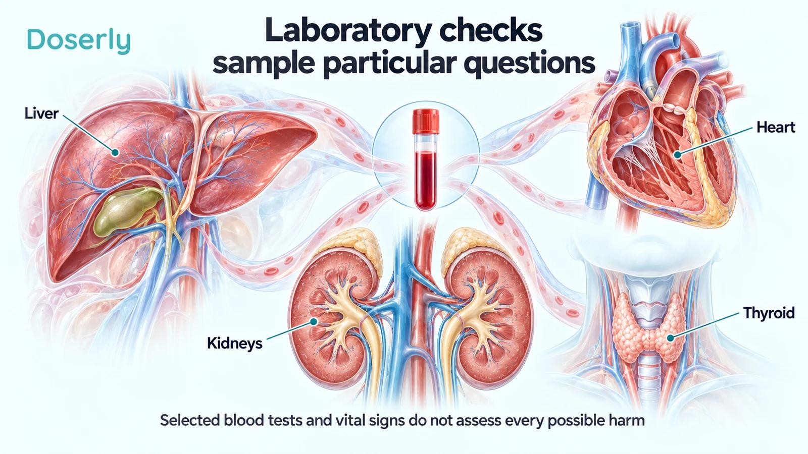 Medical atlas illustrations of liver, kidneys, heart and thyroid surround a blood sample, showing the limited scope of selected laboratory checks.