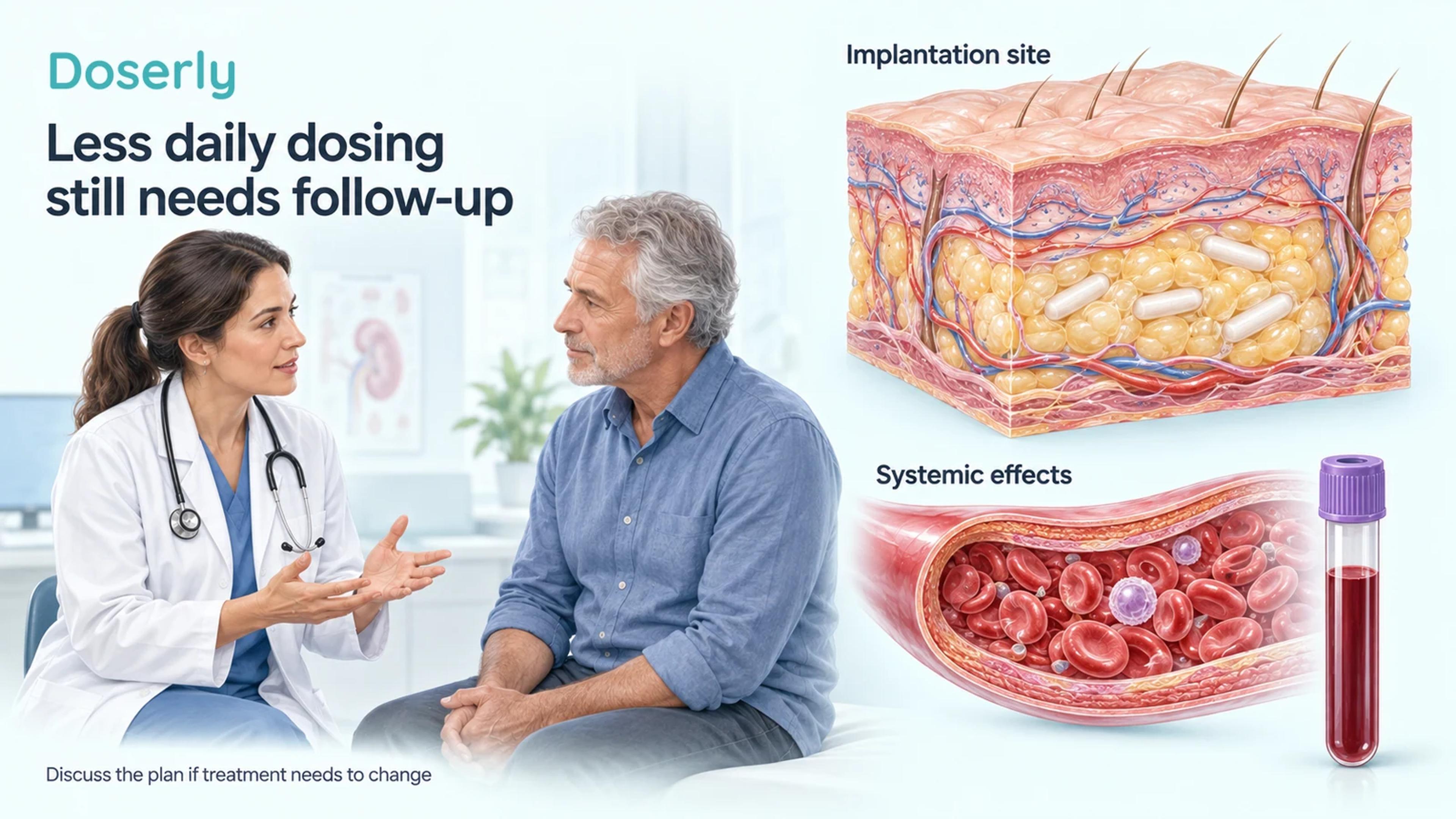 A clinician discusses follow-up with a patient beside detailed skin-depot and blood-vessel illustrations, emphasizing local recovery and ongoing systemic monitoring.
