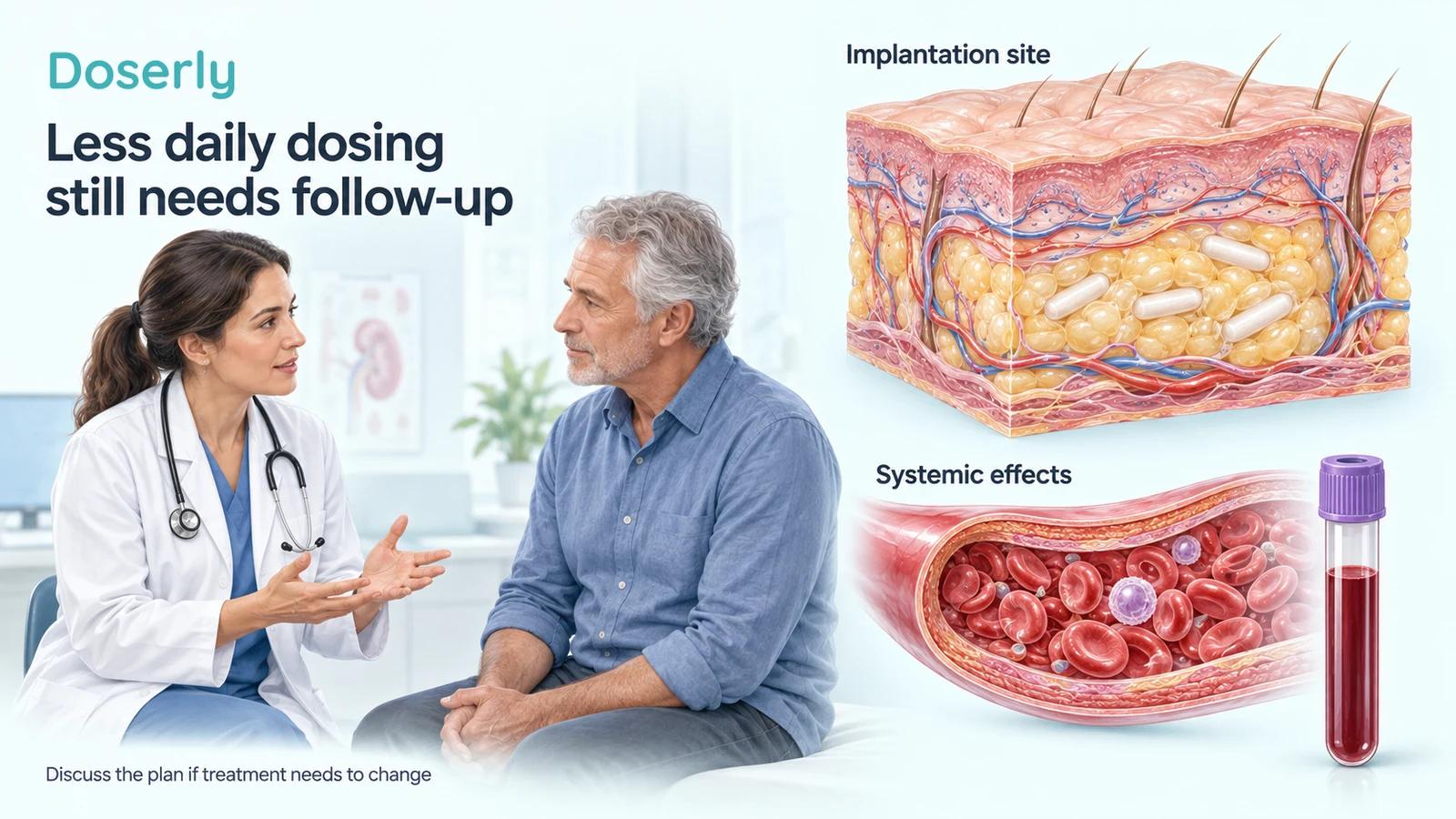 A clinician discusses follow-up with a patient beside detailed skin-depot and blood-vessel illustrations, emphasizing local recovery and ongoing systemic monitoring.