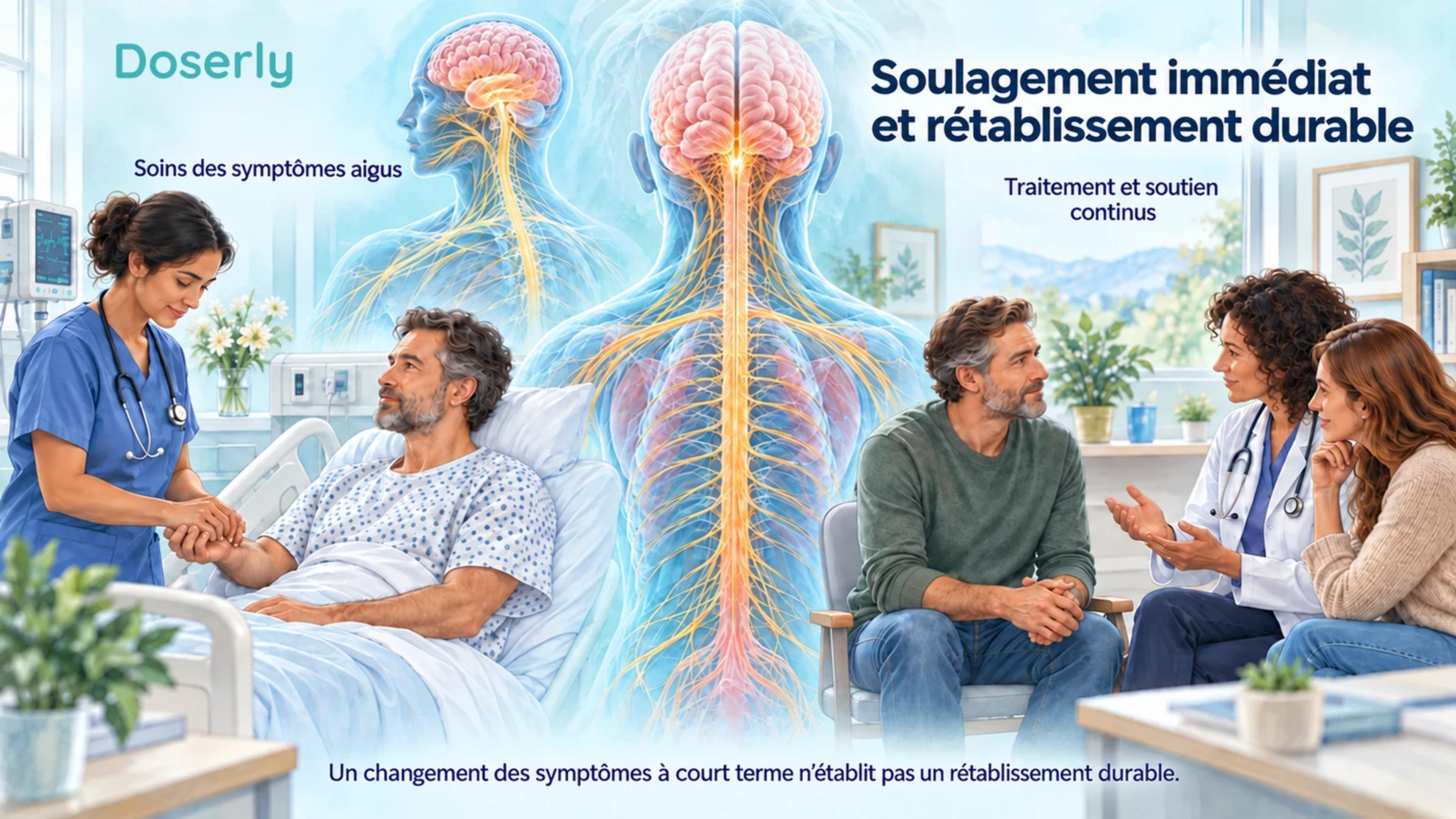 Une surveillance clinique en phase aiguë et une consultation de soutien ambulatoire distincte, avec une représentation conceptuelle du système nerveux.