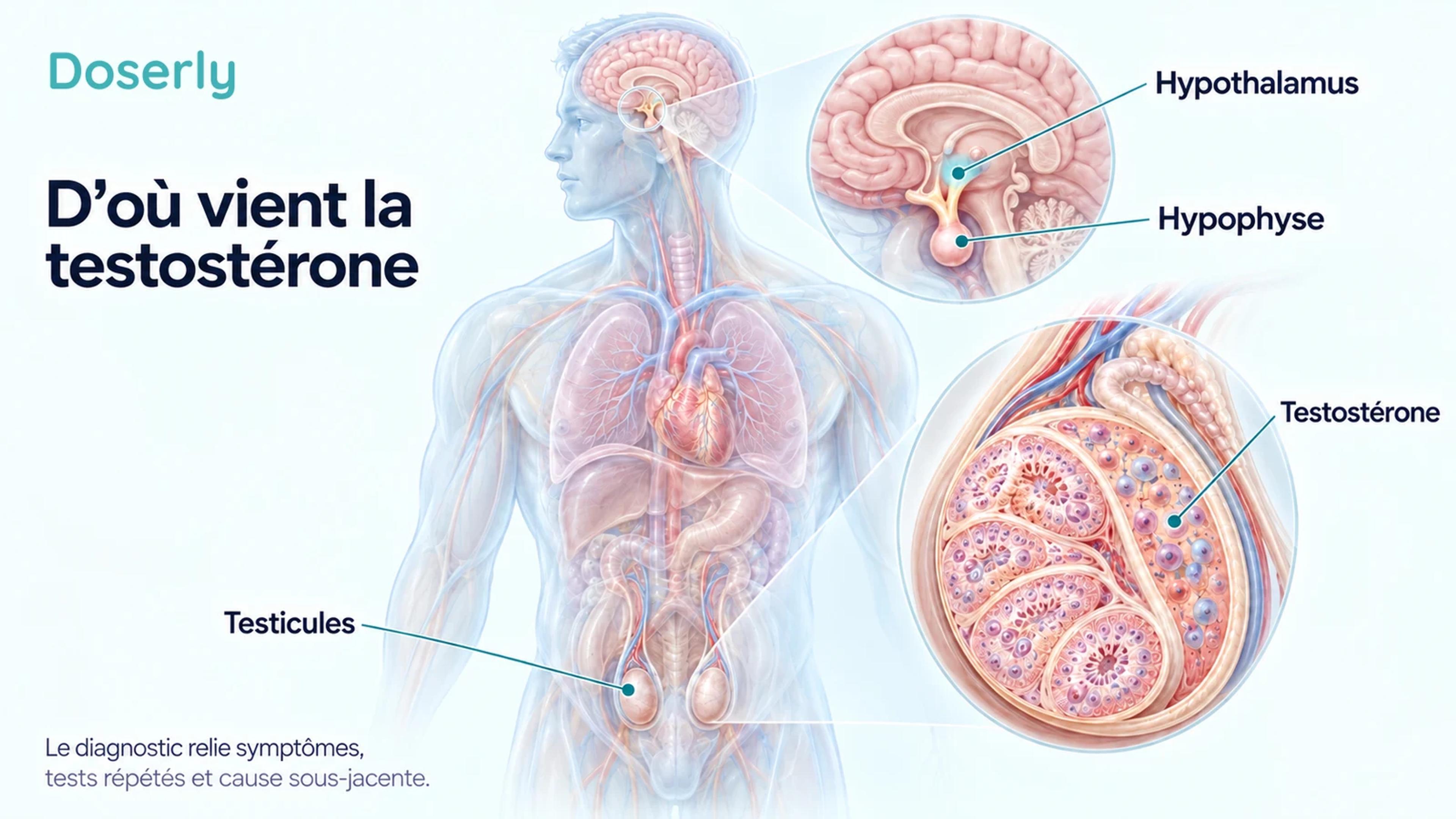 Illustration anatomique translucide du cerveau, de l’hypophyse et des testicules, avec une vue en coupe agrandie d’un testicule.