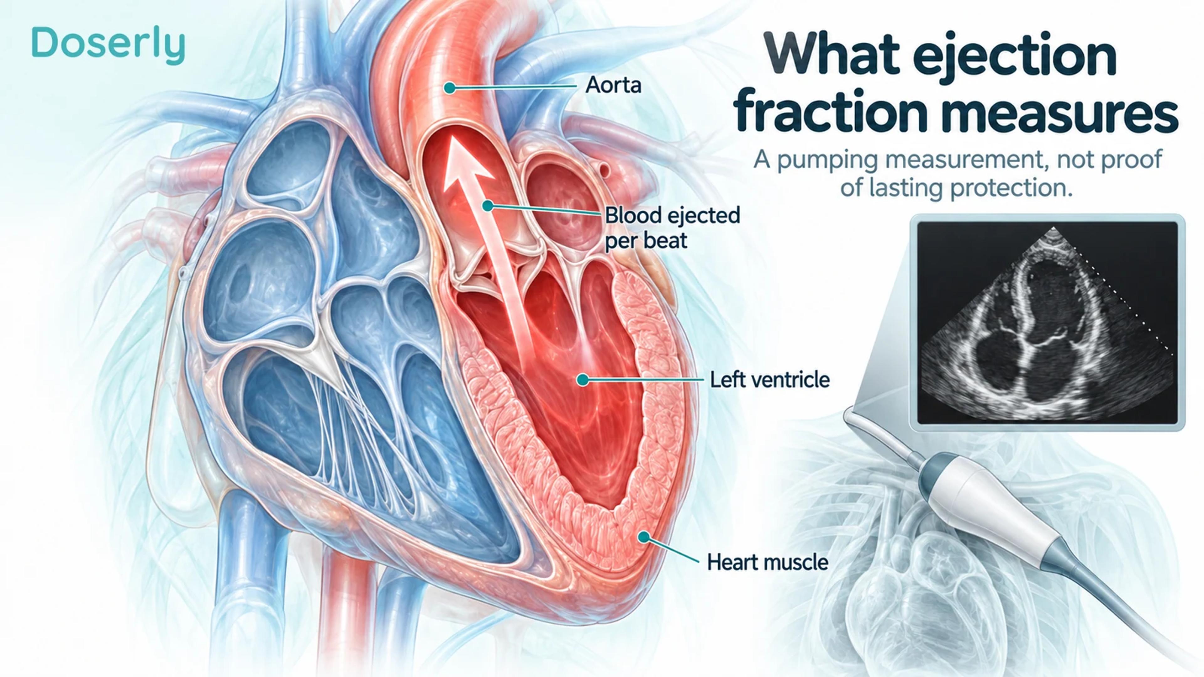 Detailed heart cutaway showing the left ventricle, aorta and blood ejected per beat beside conceptual ultrasound imaging
