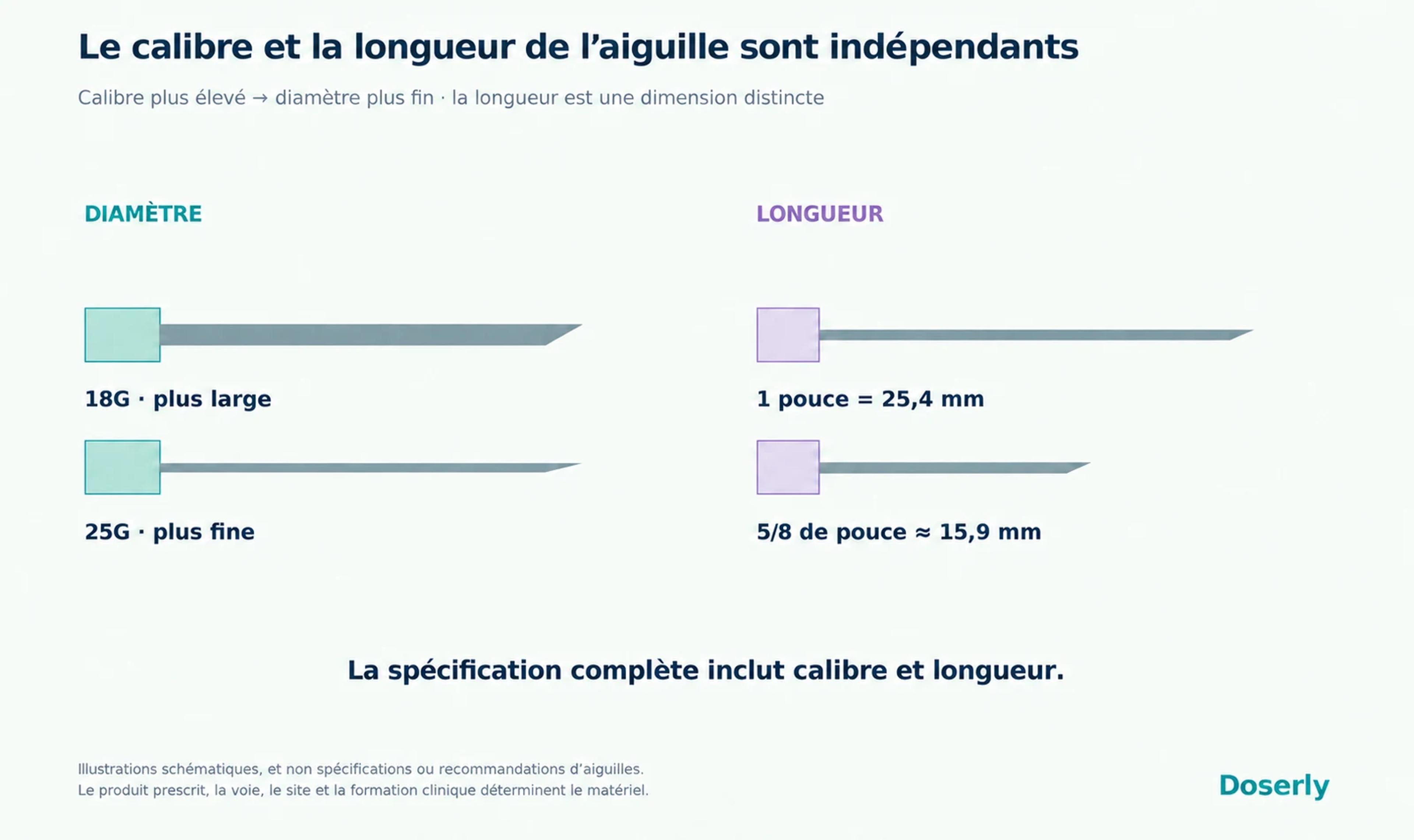 Le diamètre et la longueur des aiguilles sont illustrés séparément : une 18G est plus large qu’une 25G, et une longueur de 1 pouce est comparée à 5/8 de pouce.