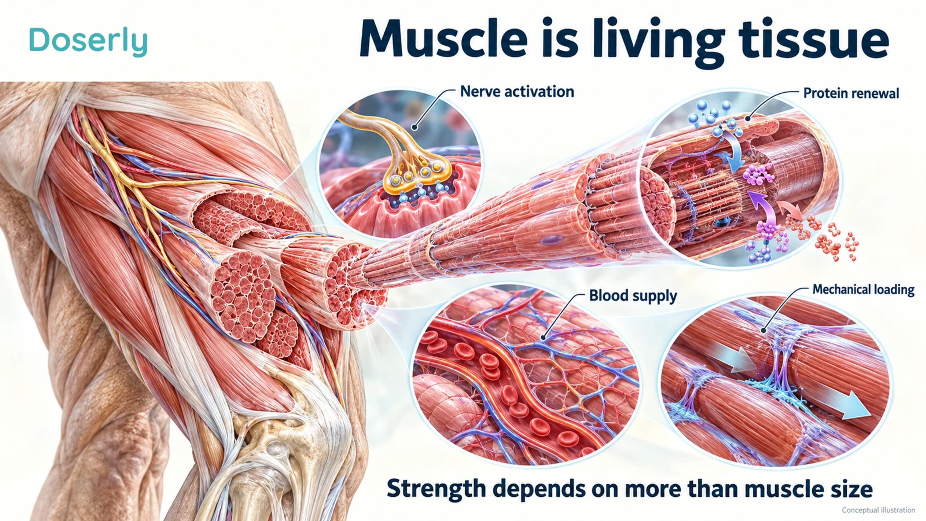 Skeletal muscle anatomy with closeups of nerve activation, protein renewal, blood supply and loading