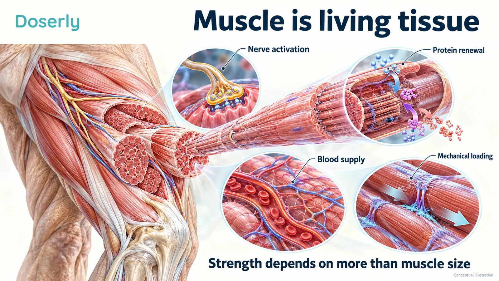 Skeletal muscle anatomy with closeups of nerve activation, protein renewal, blood supply and loading