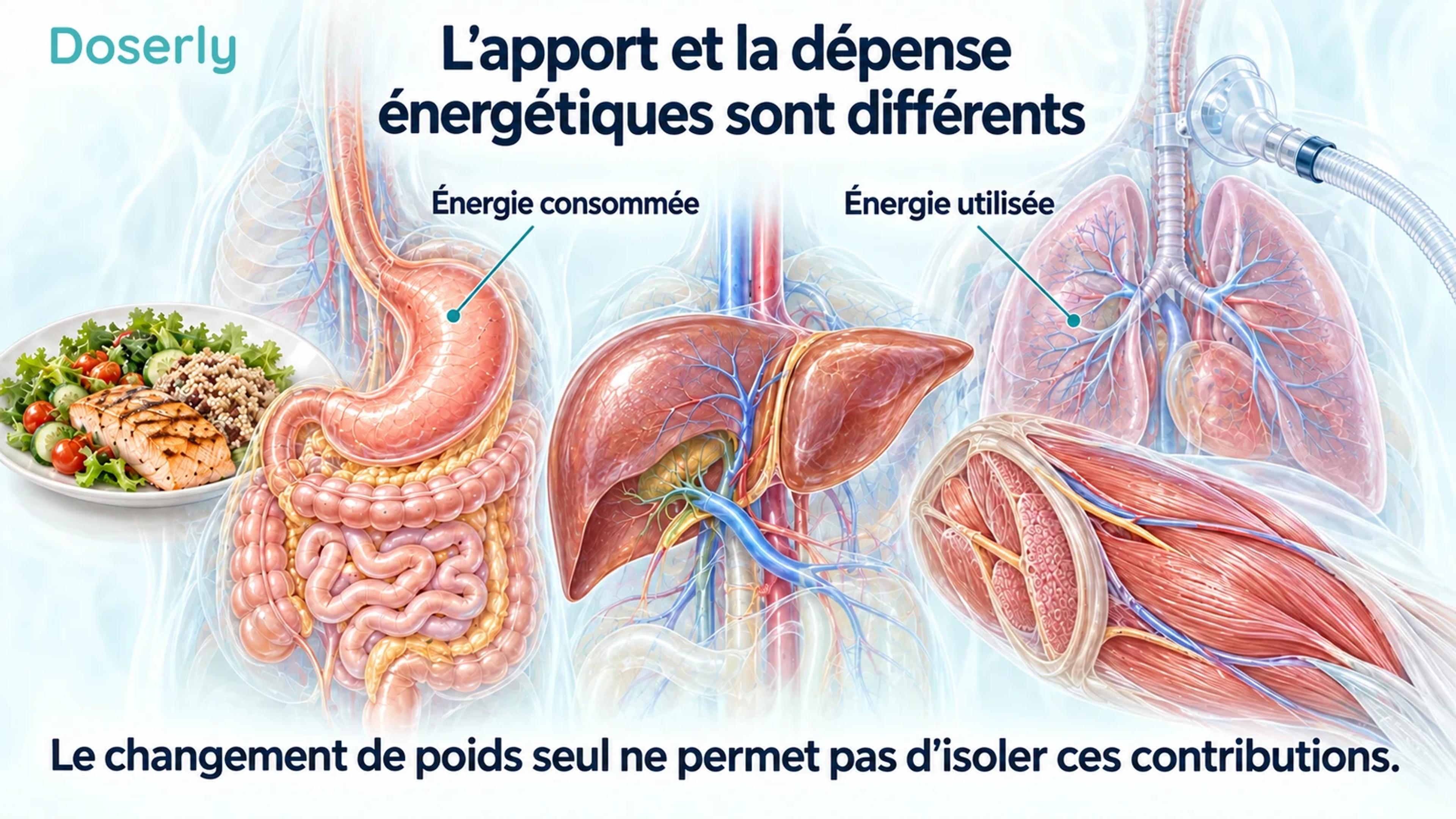 Représentations anatomiques de l’estomac, du foie, des poumons et du muscle squelettique à côté d’aliments et d’équipement de mesure respiratoire.