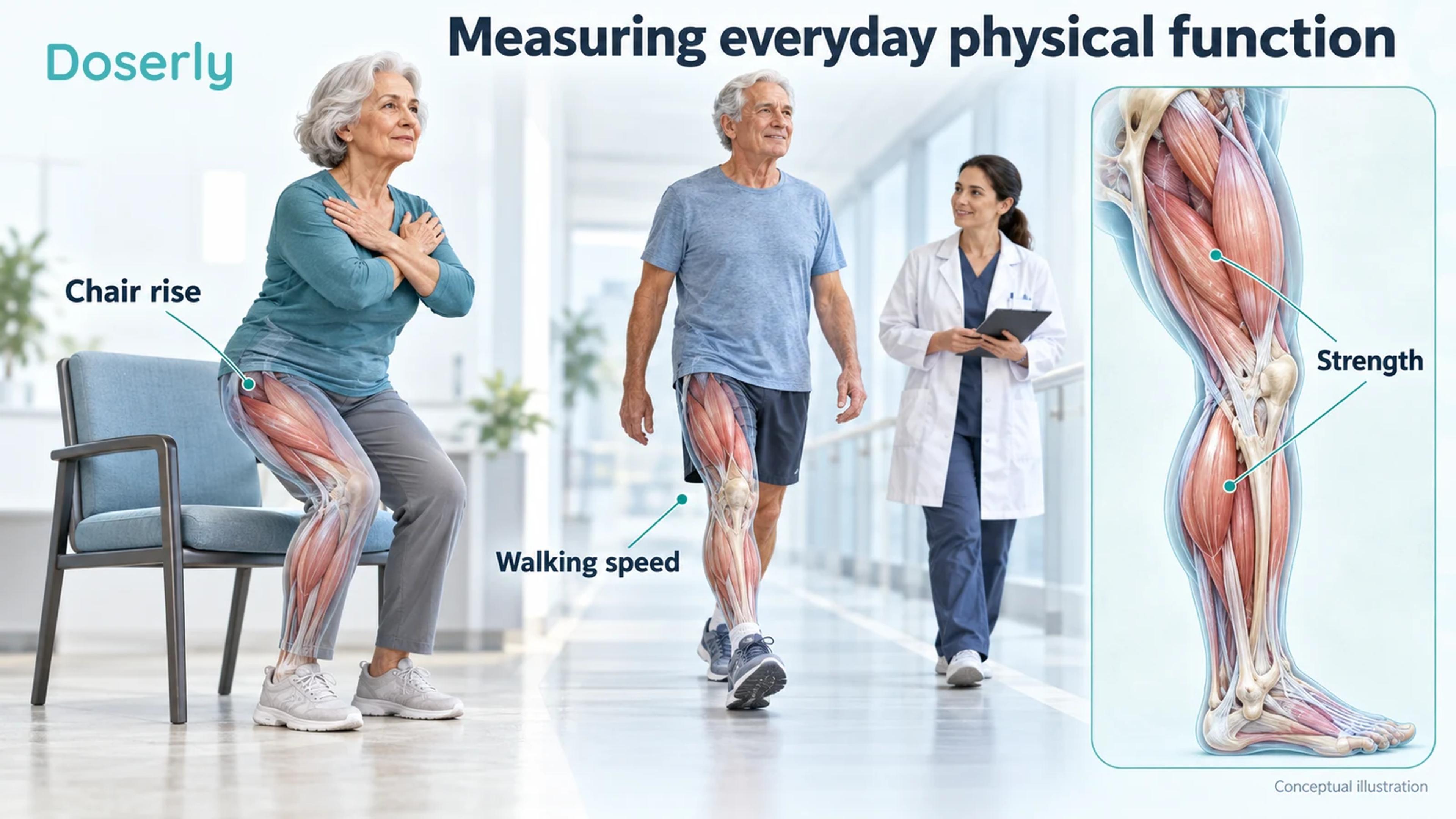 Older adults performing a supervised chair-rise and walking assessment, with detailed leg-muscle anatomy inset.