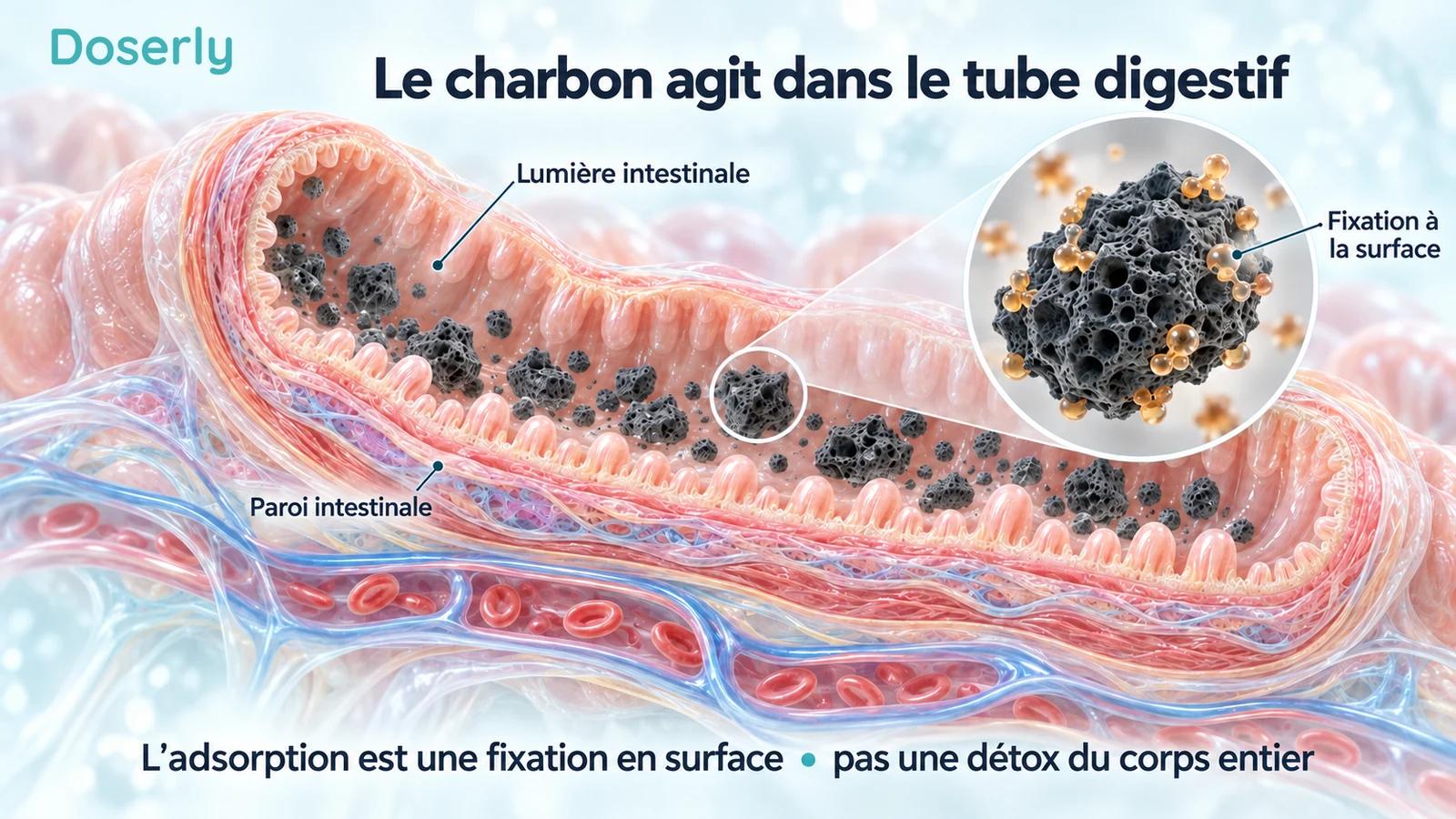 Une vue en coupe de l’intestin montre des particules de charbon dans la lumière intestinale et des molécules fixées à une surface poreuse de charbon, avec des vaisseaux sanguins à l’extérieur de la paroi intestinale.