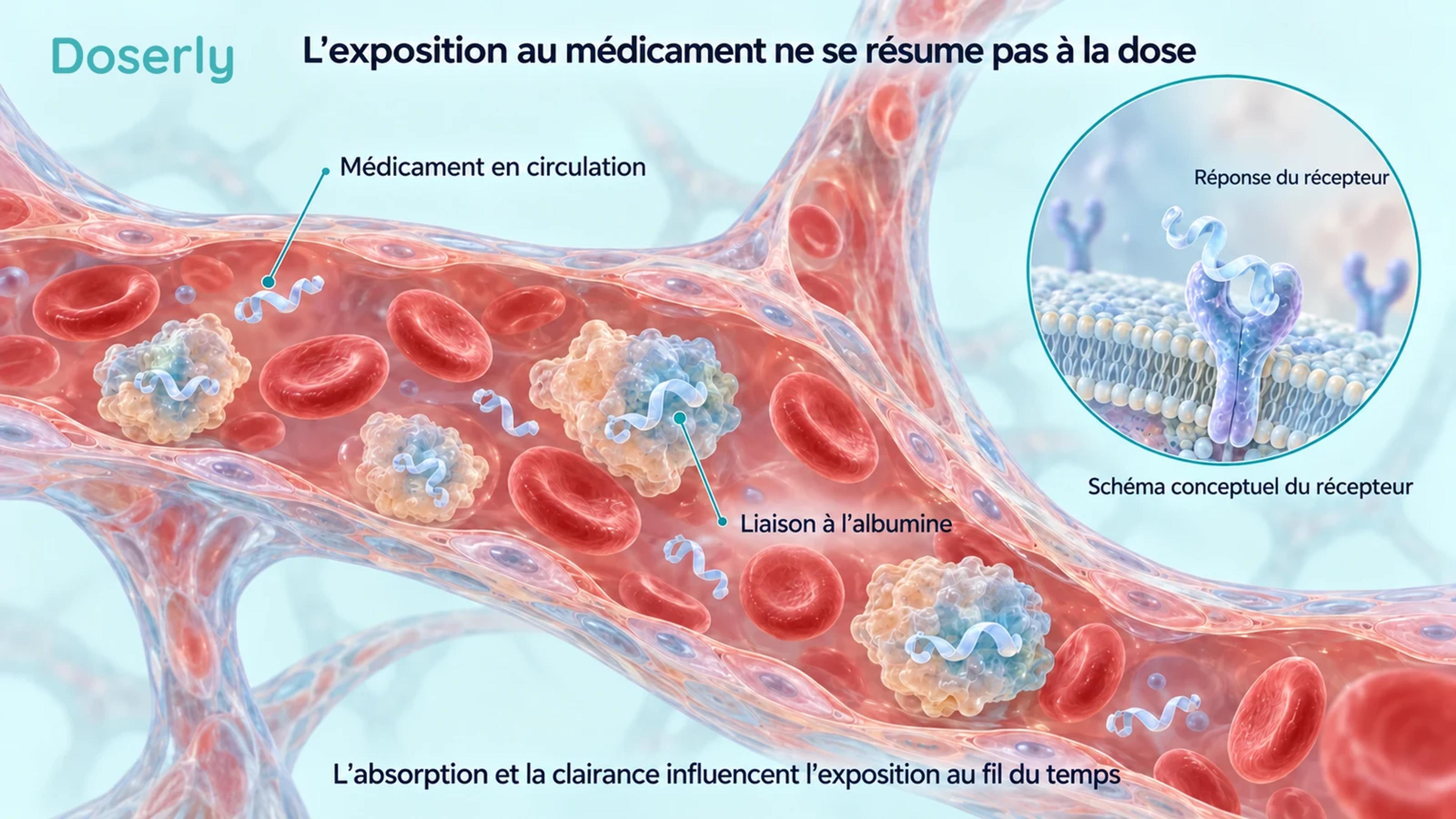 Des illustrations de capillaires, d’albumine et de récepteurs expliquent l’exposition au médicament.