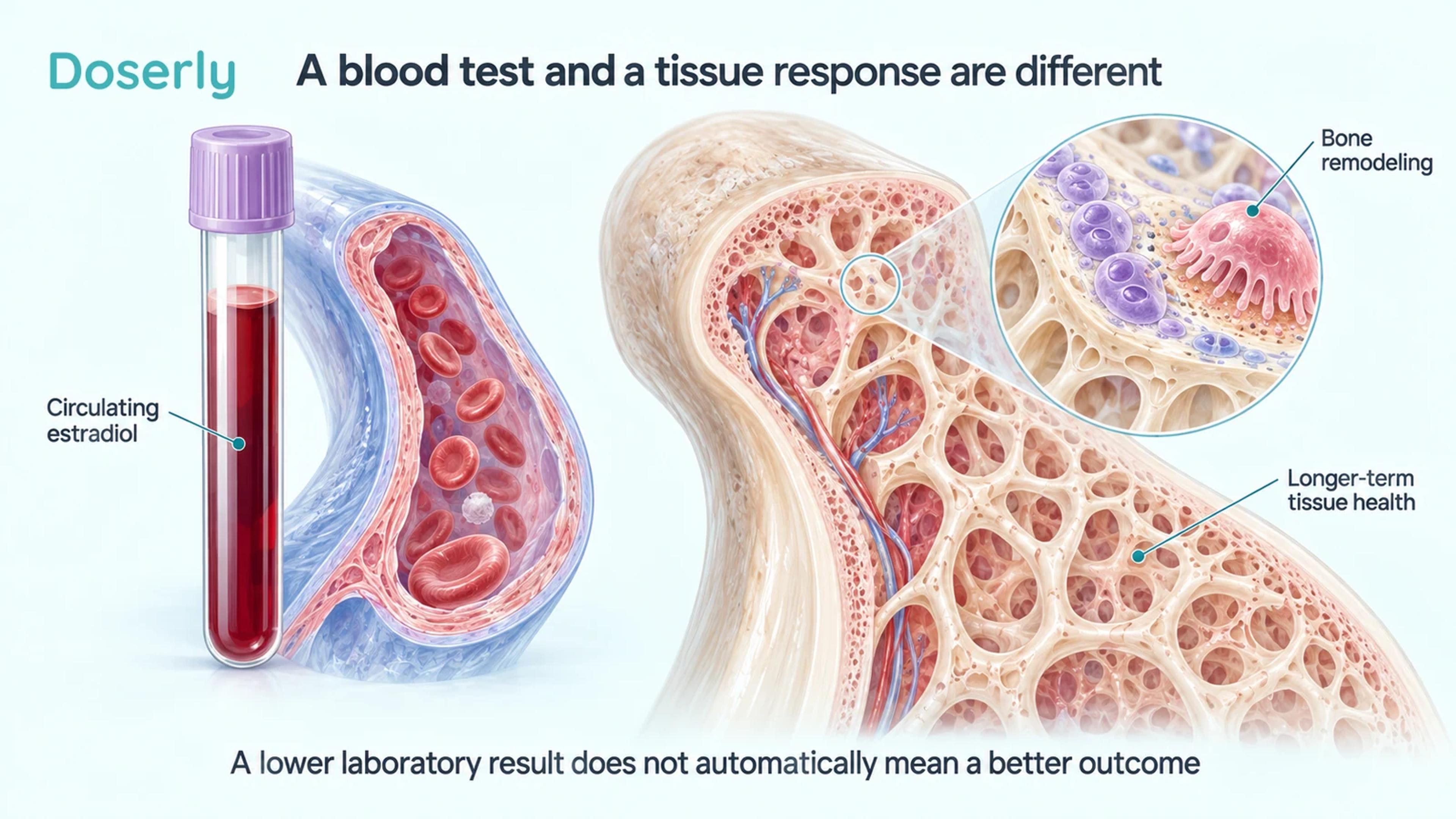 A blood sample beside a detailed bone cutaway and magnified bone-remodeling cells.