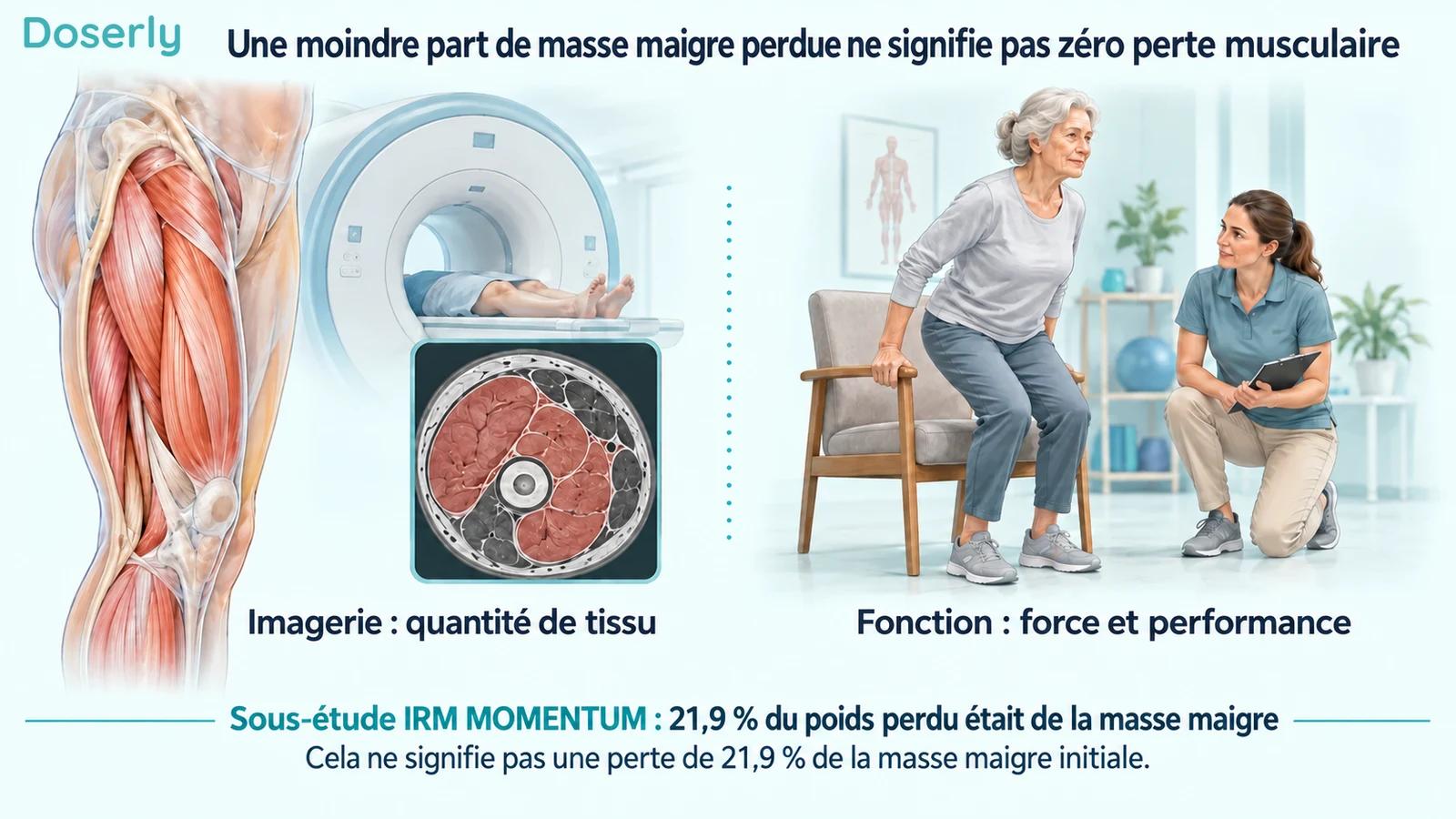 Évaluation des tissus par IRM à côté d’une illustration d’un test de lever de chaise, présentant la quantité et la fonction comme des critères distincts.
