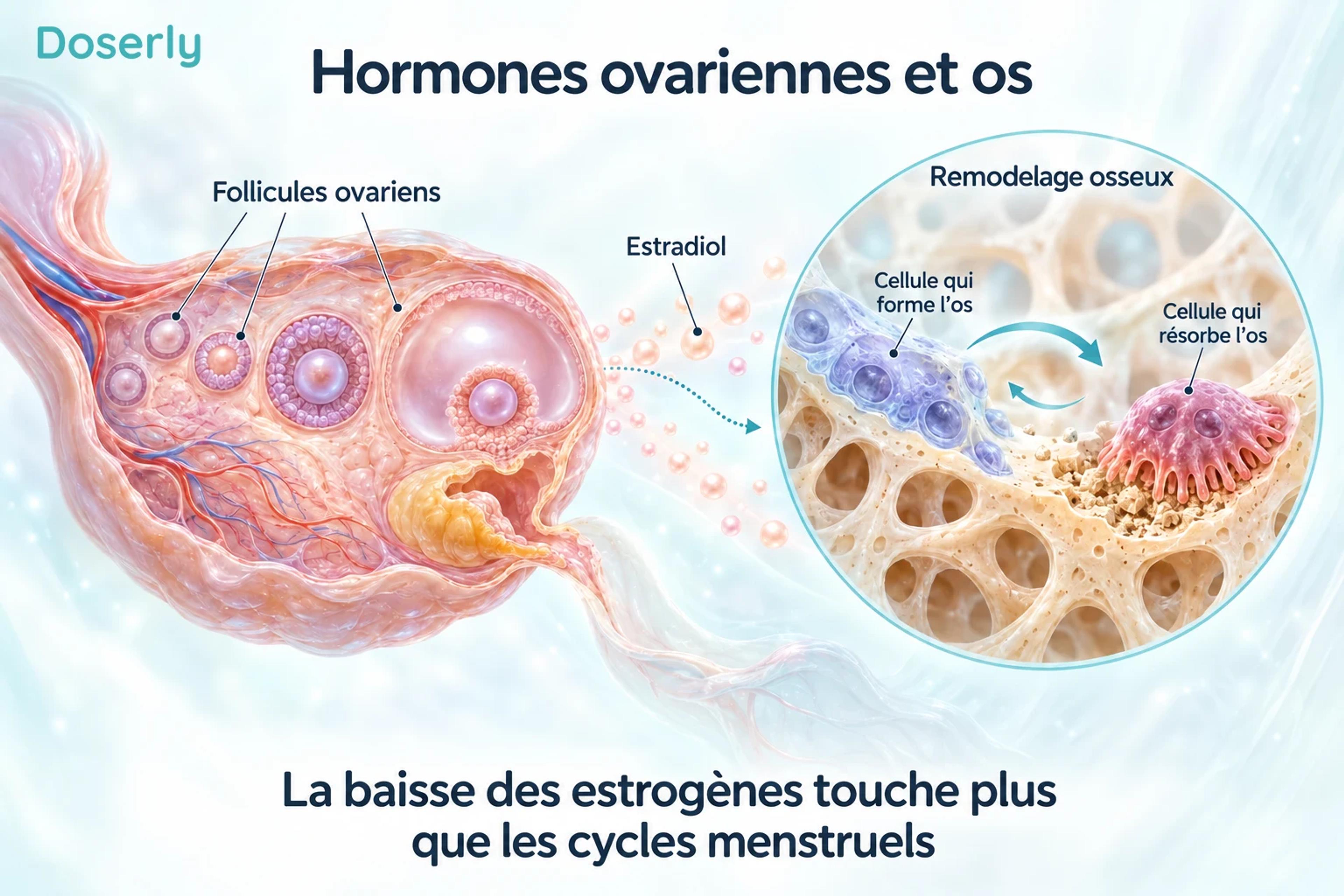 Follicules ovariens et représentation conceptuelle de la signalisation de l’estradiol près de cellules participant au remodelage osseux.