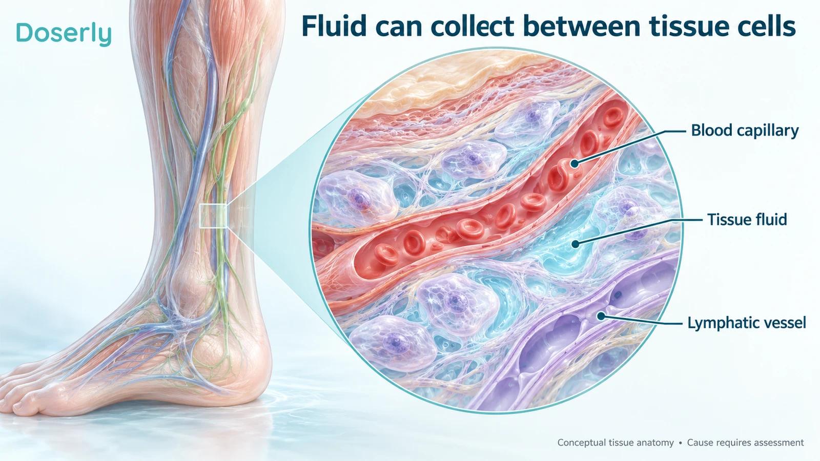 A lower-leg teaching model and magnified tissue compartment show fluid outside blood vessels.