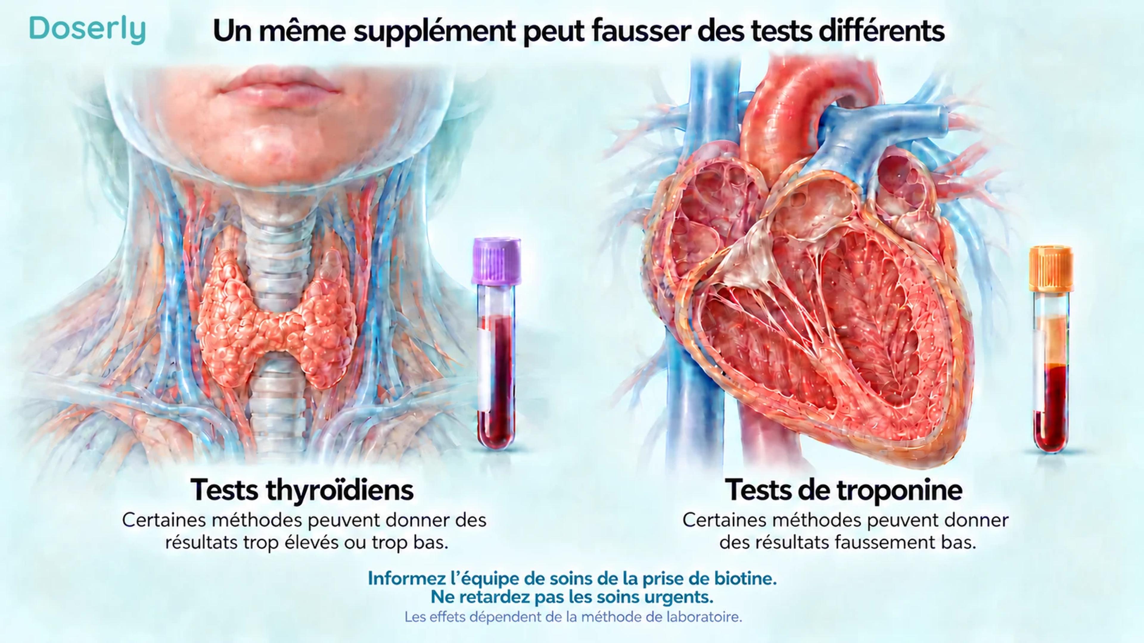 Des illustrations détaillées de la thyroïde et du cœur à côté de tubes de prélèvement expliquent que les tests thyroïdiens sensibles à l’interférence peuvent donner des résultats élevés ou bas, et les tests de troponine sensibles à l’interférence, des résultats faussement bas.