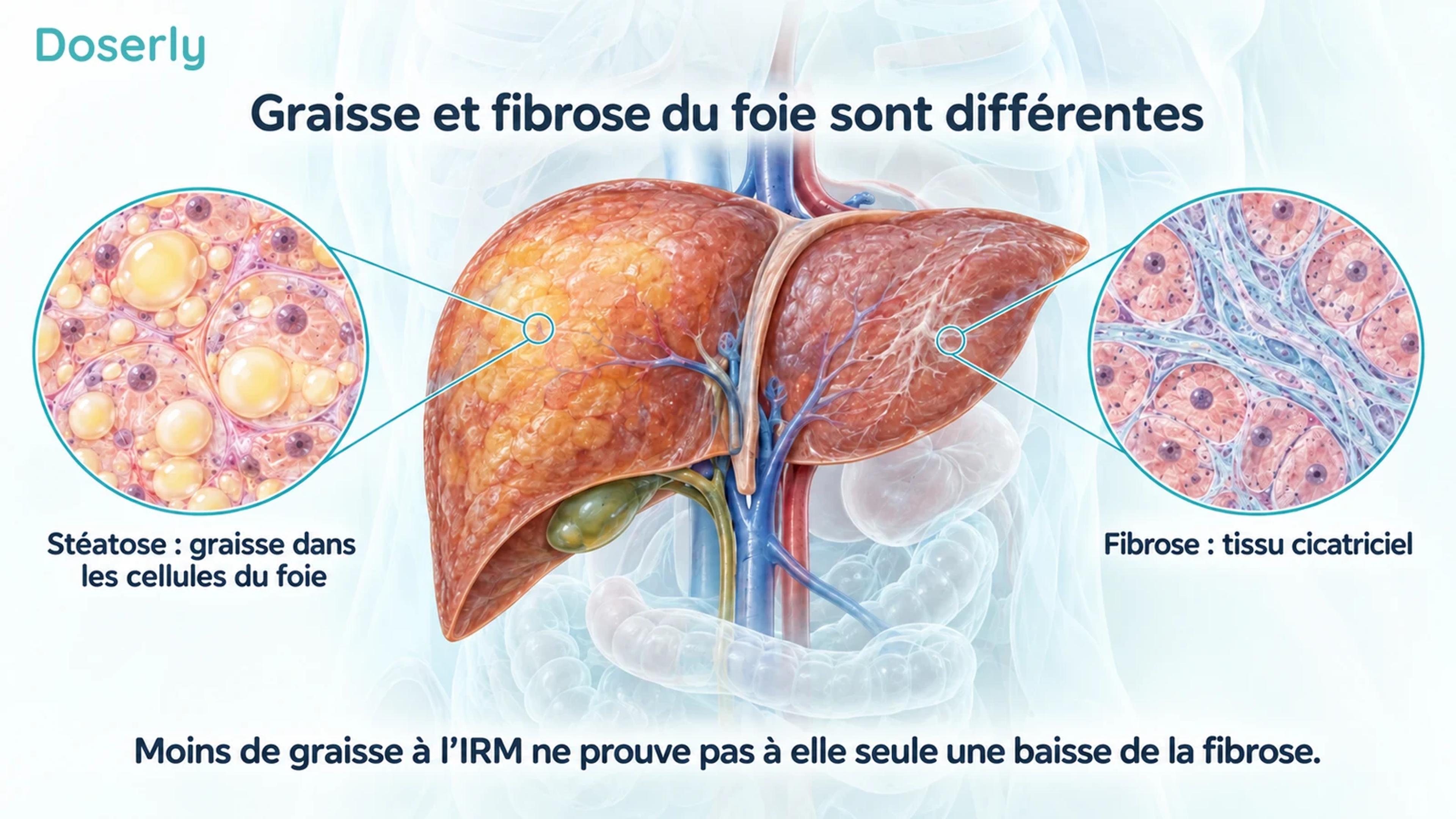 Un foie accompagné d’illustrations agrandies distinctes montrant la graisse dans les cellules hépatiques et le tissu cicatriciel fibreux entre les cellules.