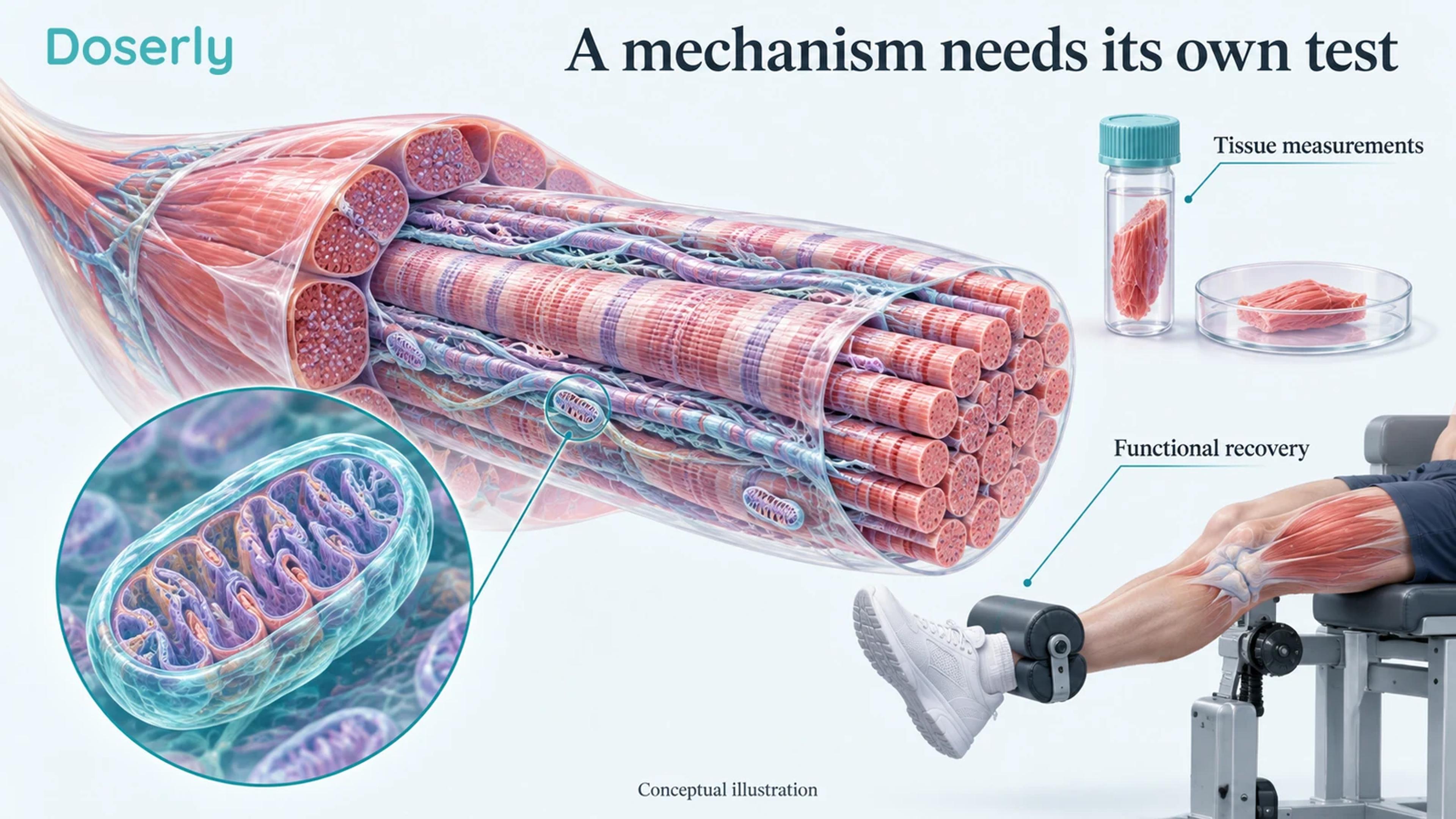 Conceptual skeletal muscle fiber with a magnified mitochondrion, alongside separate tissue-sampling and force-testing illustrations.