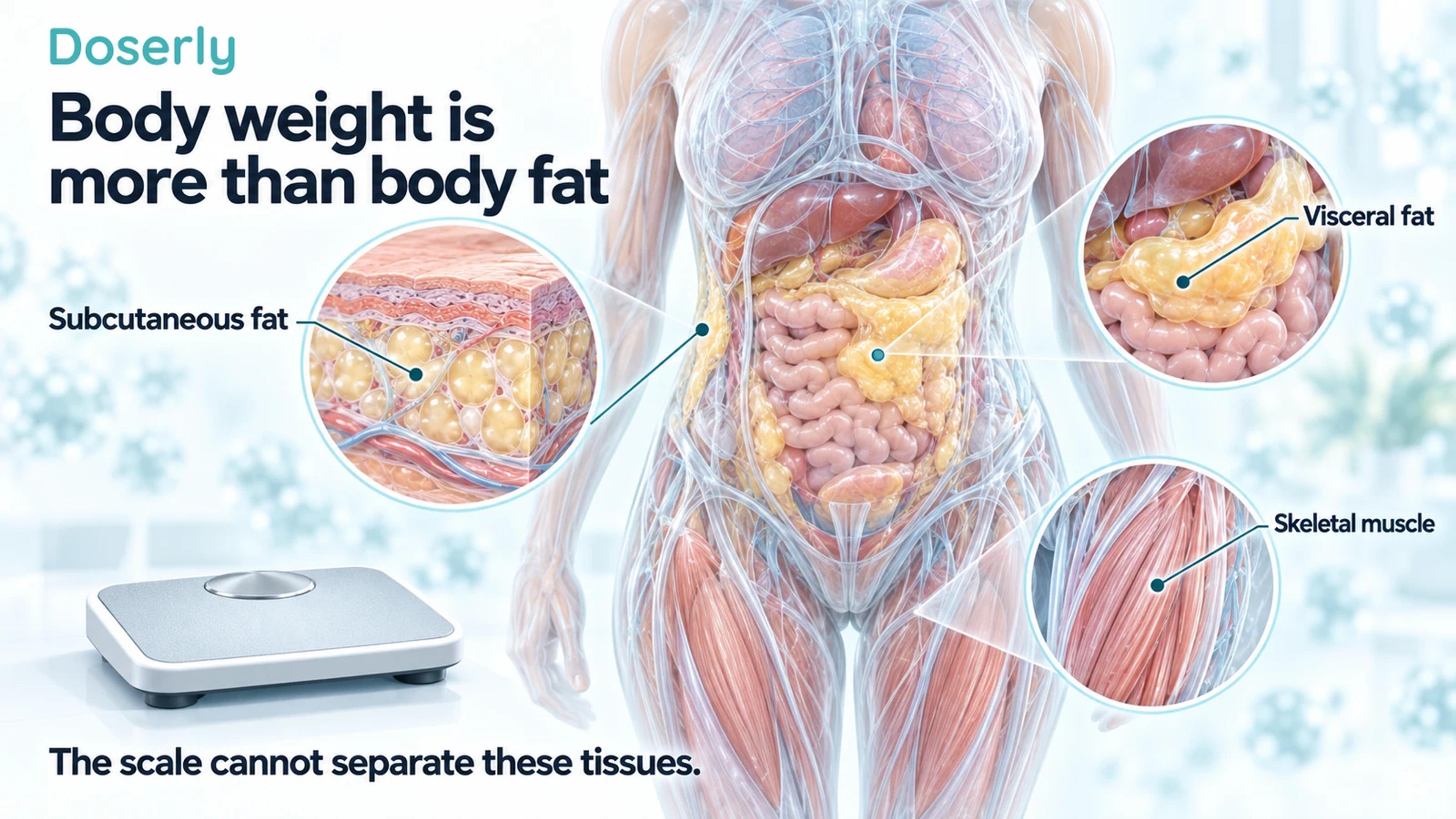 A translucent torso with magnified subcutaneous fat, visceral fat and skeletal muscle beside a scale.