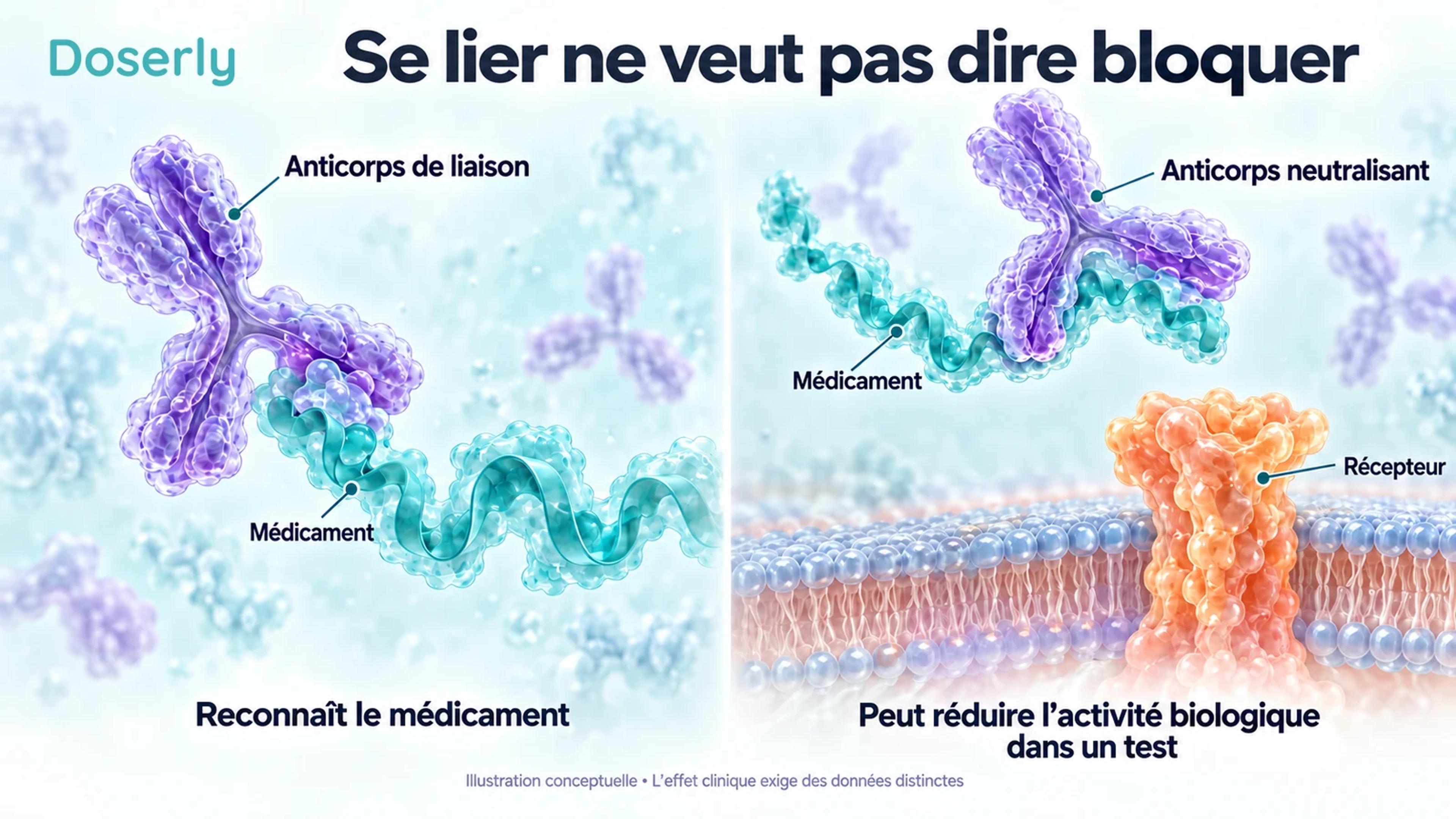 Illustration conceptuelle d’anticorps distinguant la reconnaissance d’un médicament de la neutralisation de son activité