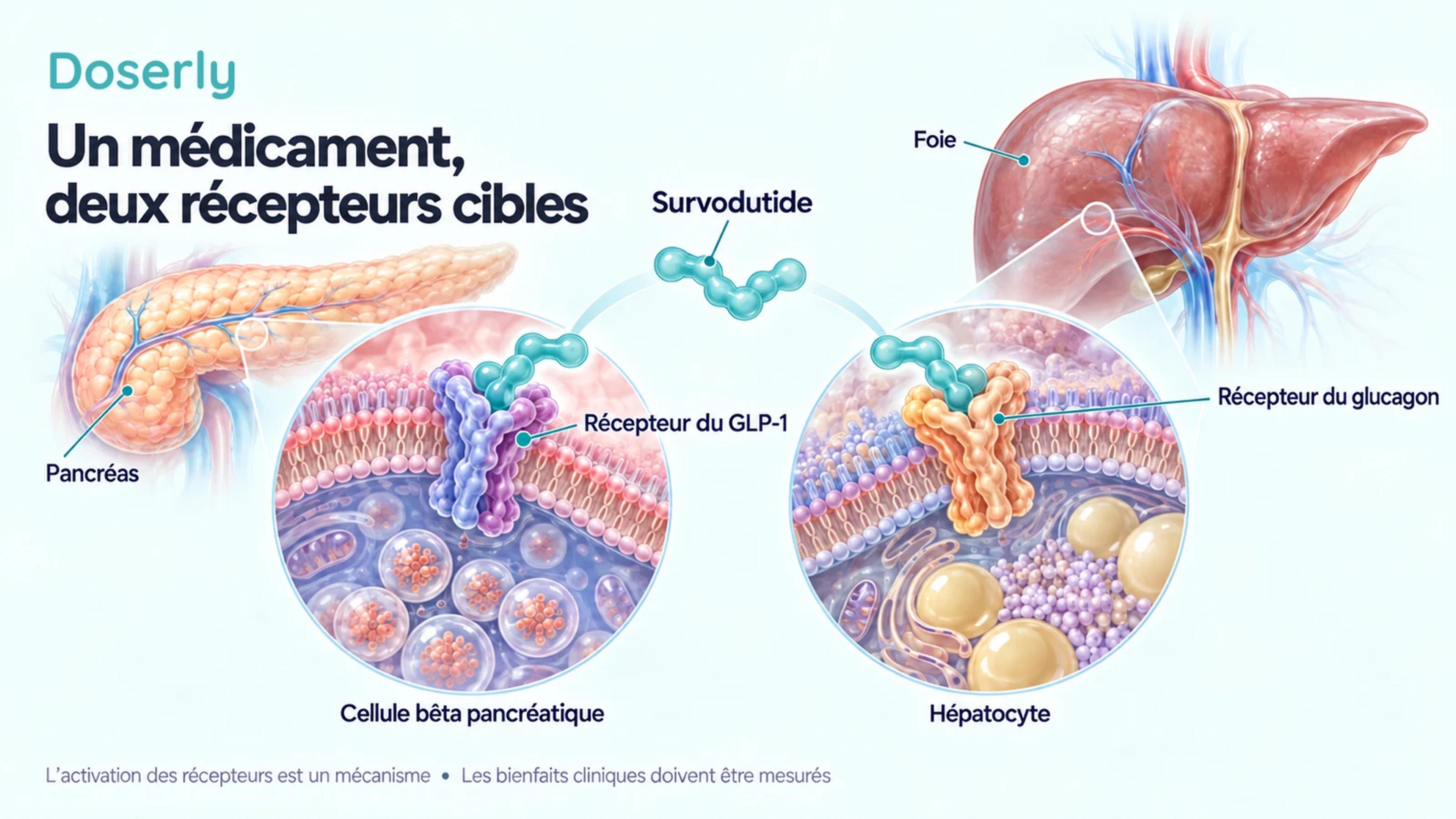 Représentation conceptuelle de membranes de cellules pancréatiques et hépatiques montrant les récepteurs du GLP-1 et du glucagon ciblés par le même peptide.