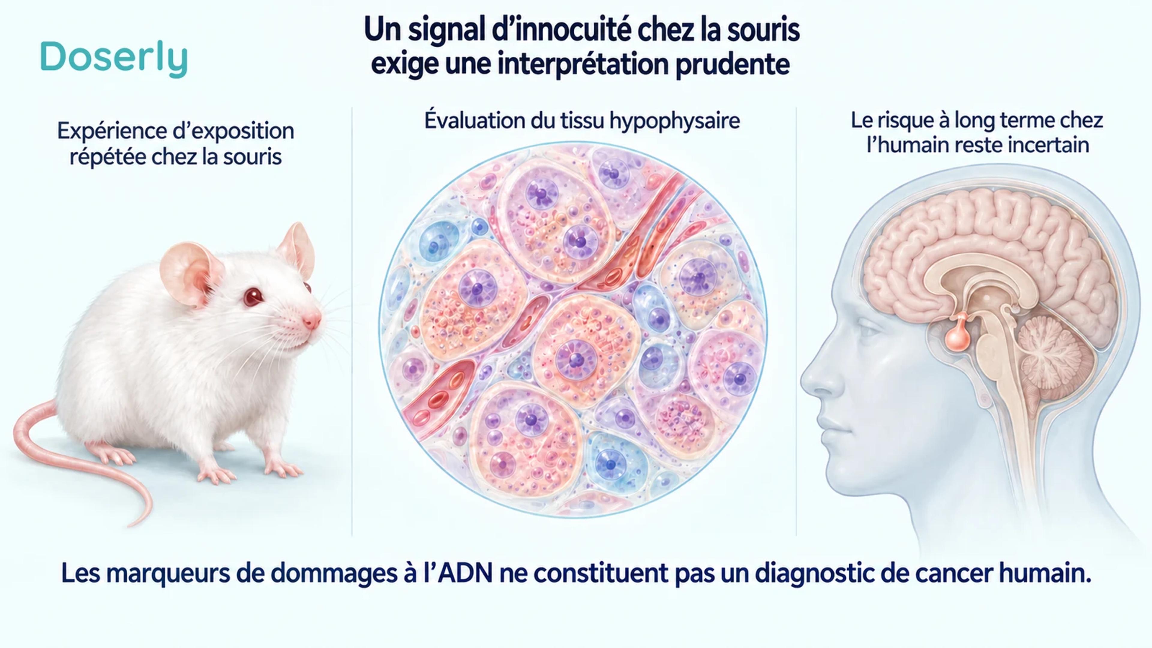 Une souris de laboratoire entière, une représentation conceptuelle du tissu hypophysaire et une représentation distincte de l’anatomie de la tête humaine distinguent un signal préclinique d’innocuité d’un risque humain incertain.