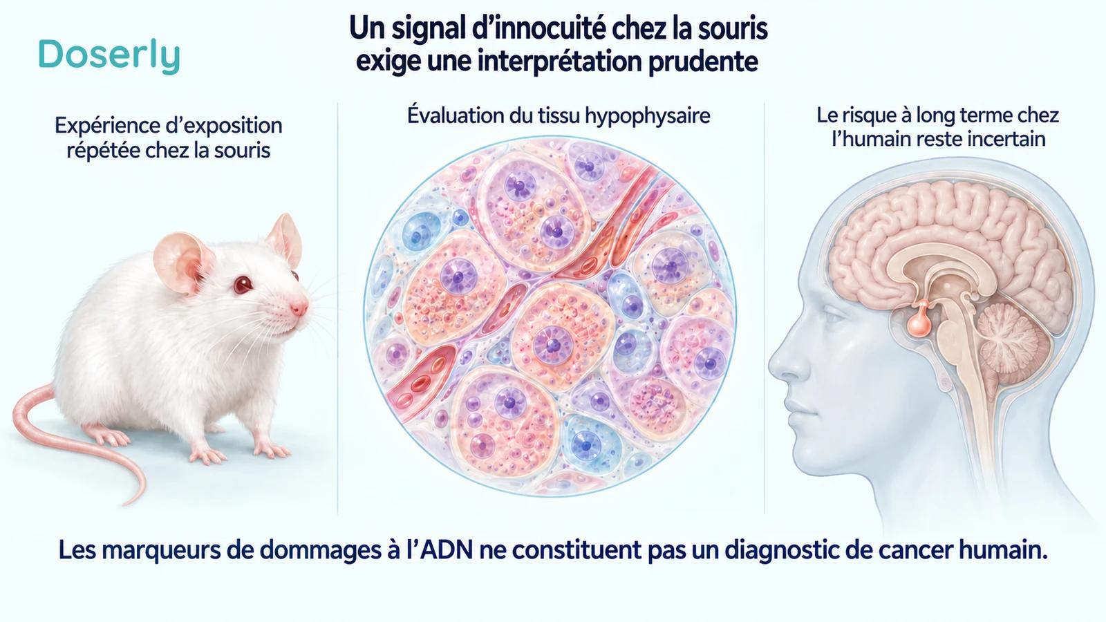 Une souris de laboratoire entière, une représentation conceptuelle du tissu hypophysaire et une représentation distincte de l’anatomie de la tête humaine distinguent un signal préclinique d’innocuité d’un risque humain incertain.