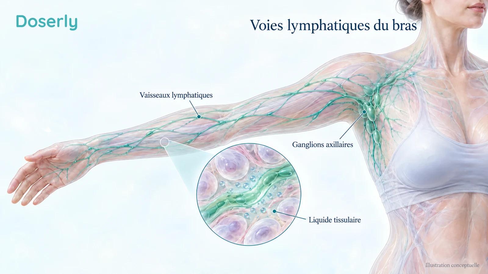 Schéma conceptuel du haut du torse et du bras montrant les vaisseaux lymphatiques, les ganglions axillaires et une vue agrandie du liquide entre les cellules des tissus.
