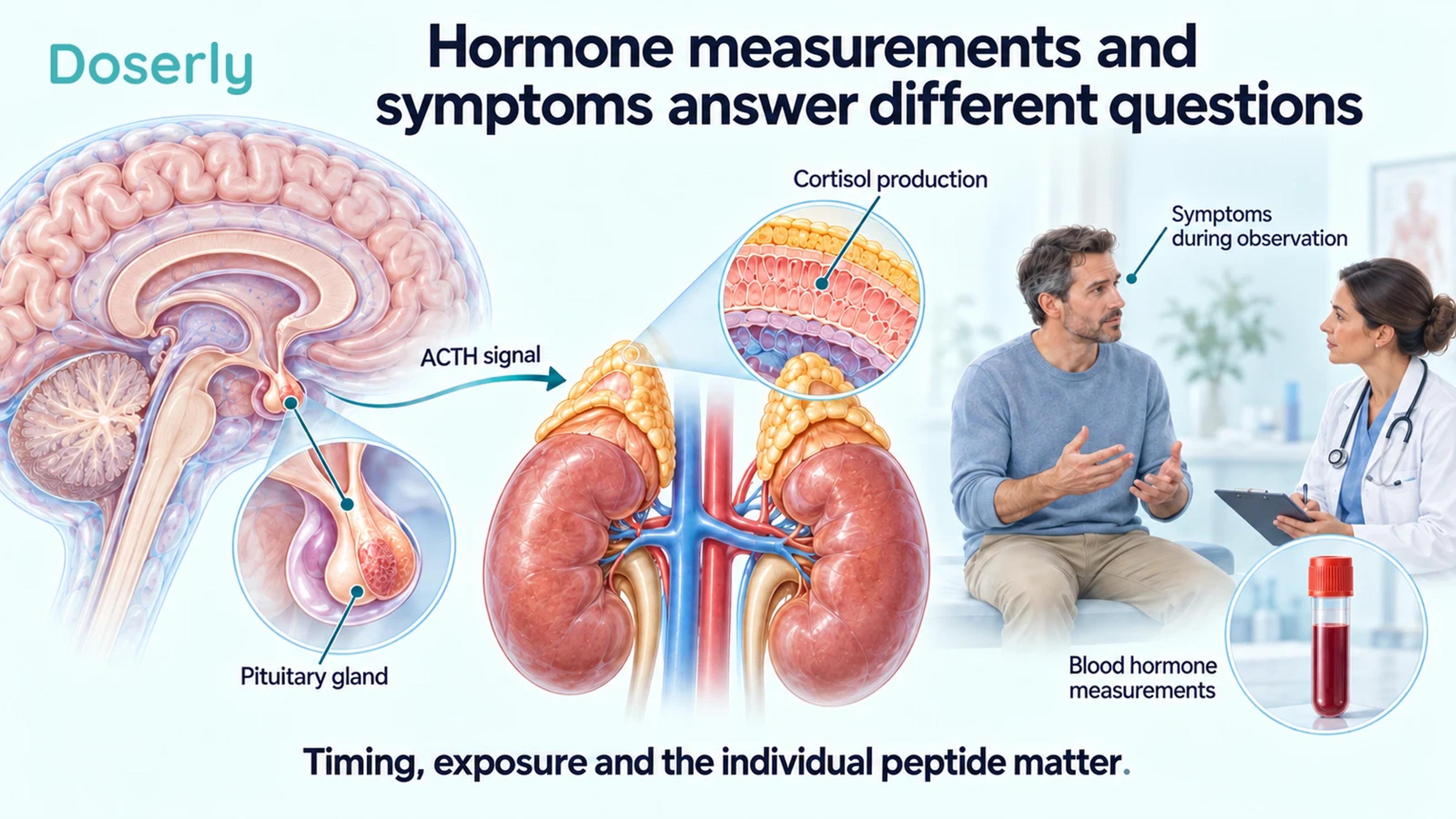 Pituitary and adrenal anatomy beside a clinical conversation and blood sample distinguish hormone measurements from symptoms.
