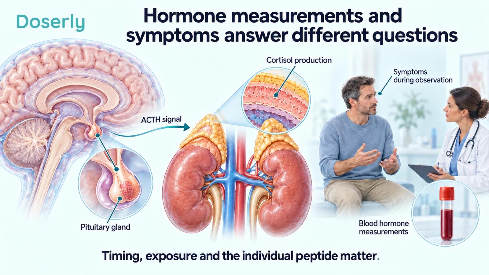 Pituitary and adrenal anatomy beside a clinical conversation and blood sample distinguish hormone measurements from symptoms.