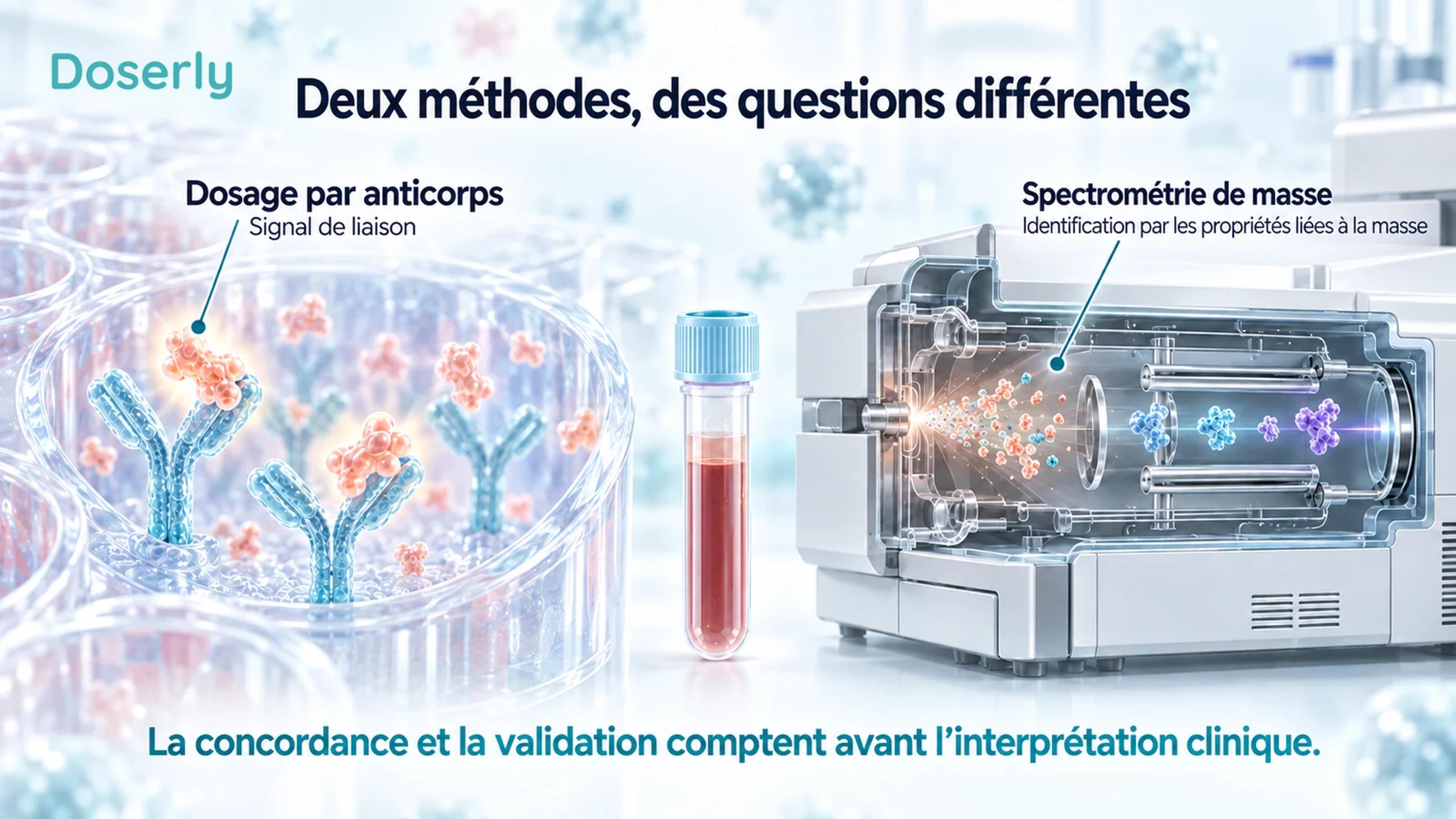 Illustration conceptuelle de laboratoire comparant un dosage par anticorps à l’identification moléculaire par spectrométrie de masse.