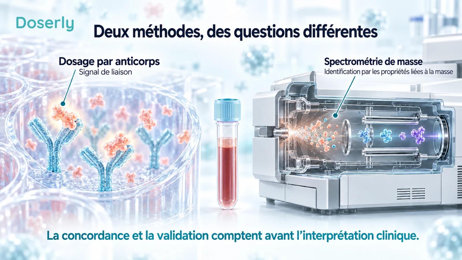 Illustration conceptuelle de laboratoire comparant un dosage par anticorps à l’identification moléculaire par spectrométrie de masse.