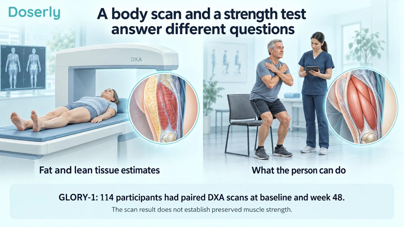 A DXA examination and a separate supervised chair-rise assessment illustrate tissue measurement versus physical performance.