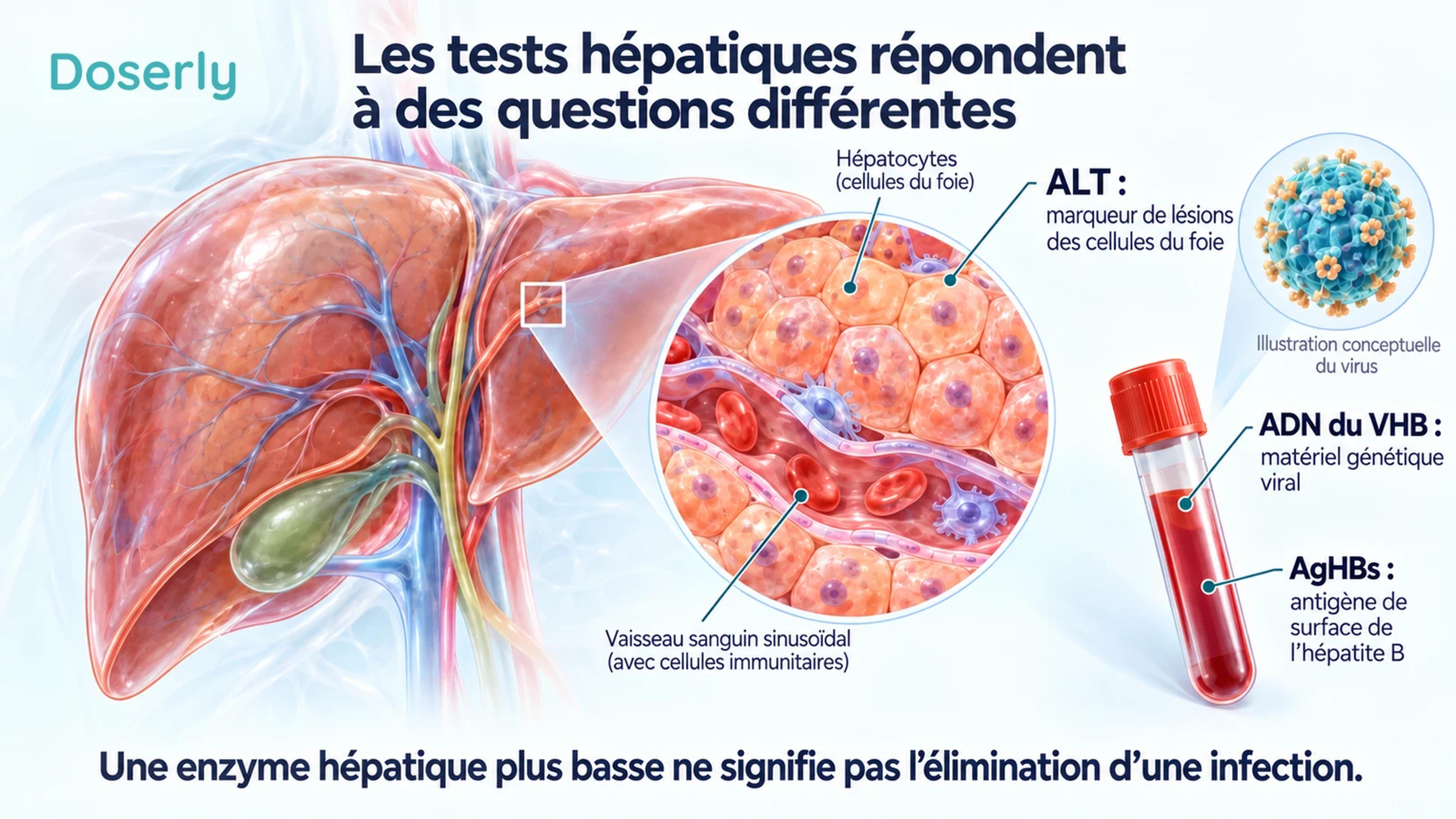 Anatomie détaillée du foie et des cellules hépatiques à côté d’un échantillon sanguin illustrant l’ALT, l’ADN du VHB et l’antigène de surface de l’hépatite B.