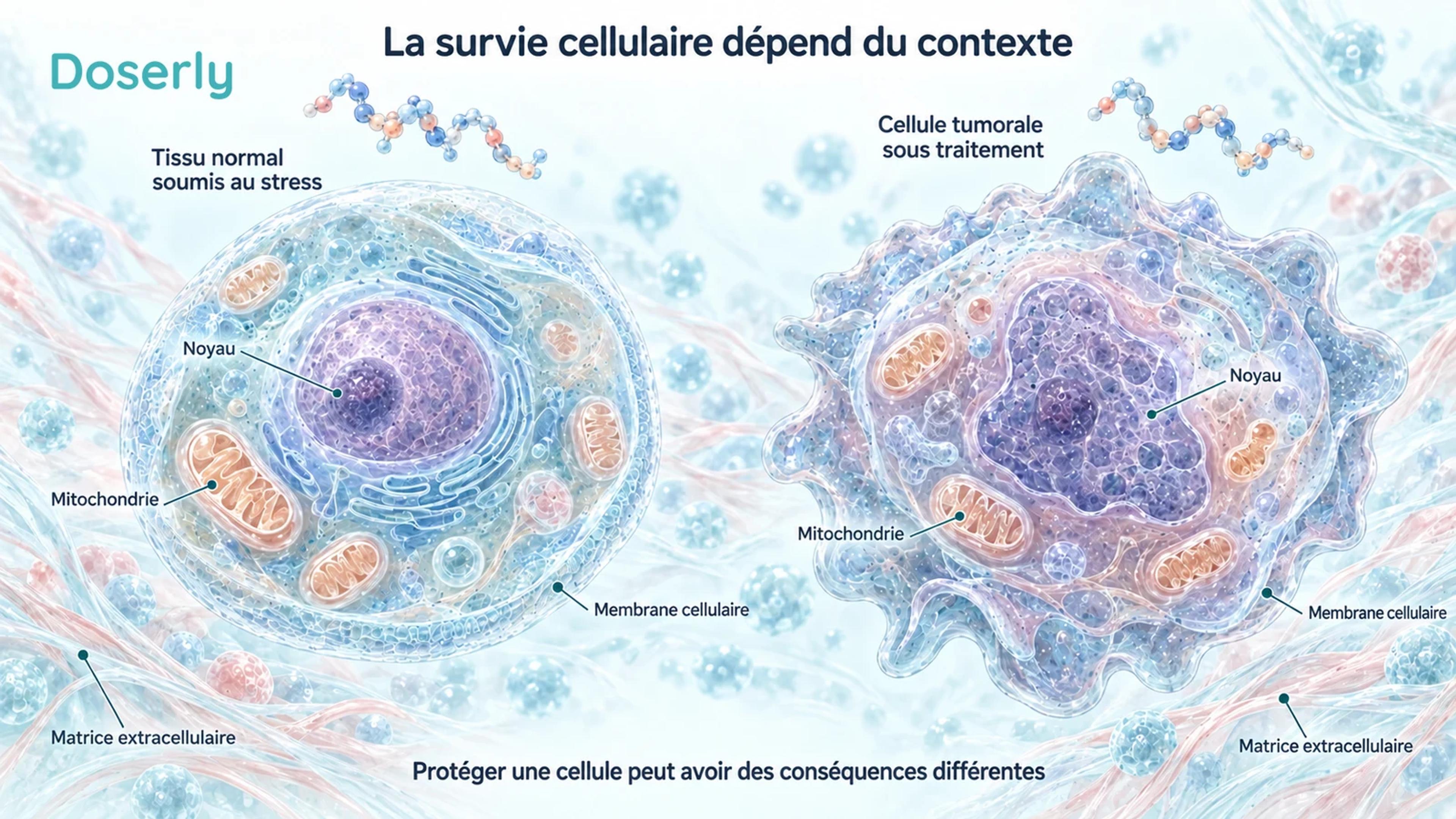 Cellules normales et tumorales détaillées, présentées séparément, avec les noyaux, les mitochondries et les membranes identifiés