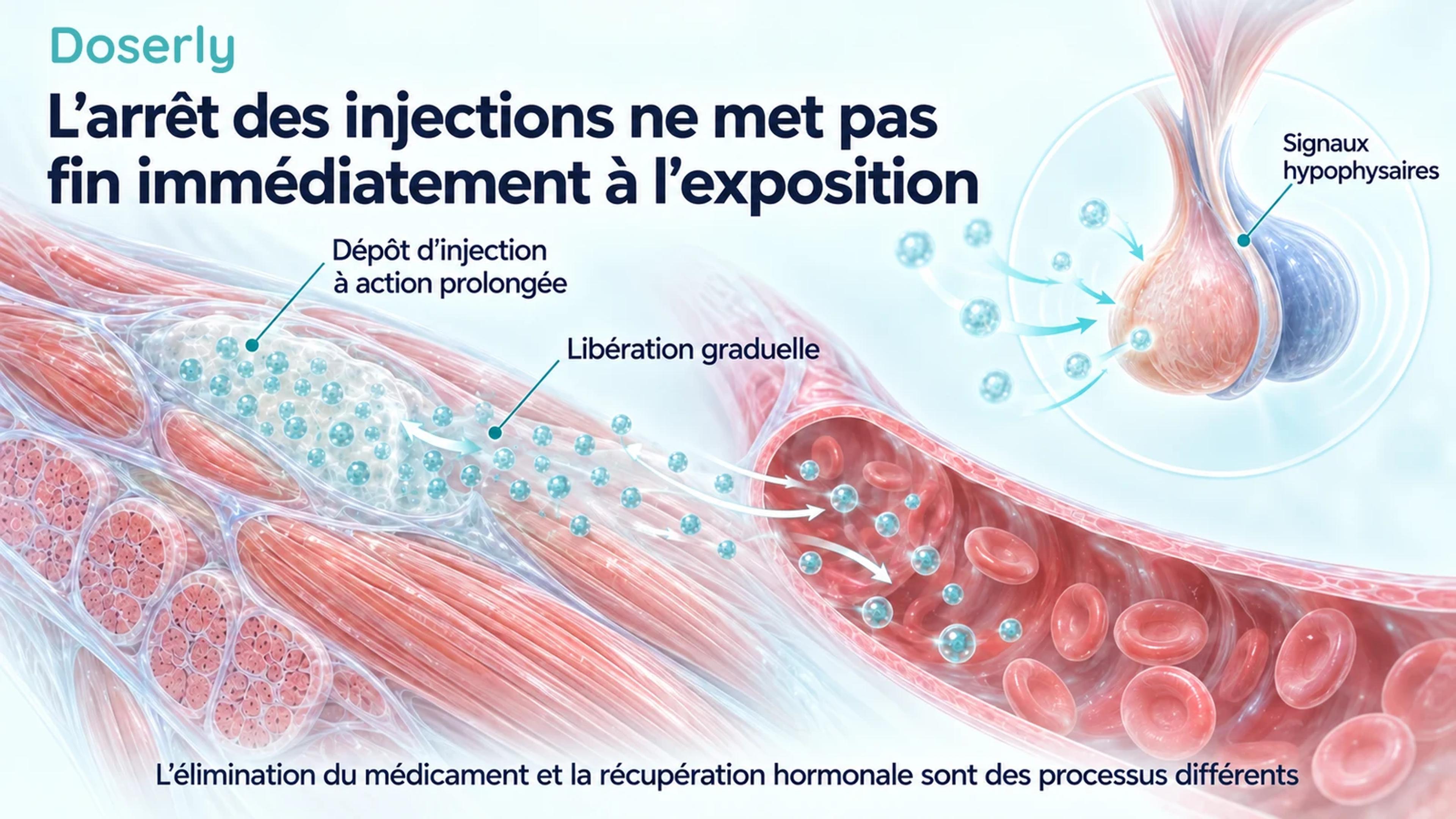 Une représentation détaillée d’un dépôt d’injection musculaire libère une hormone symbolique dans un capillaire, avec un encadré distinct sur l’hypophyse.