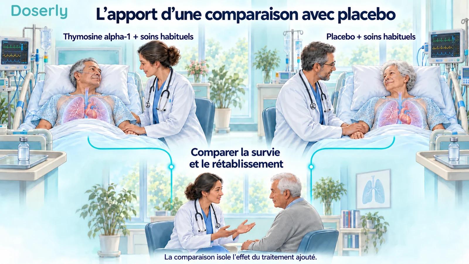 Deux patients hospitalisés recevant des soins habituels comparables, les groupes thymosine alpha-1 et placebo menant à une comparaison de la survie et du rétablissement