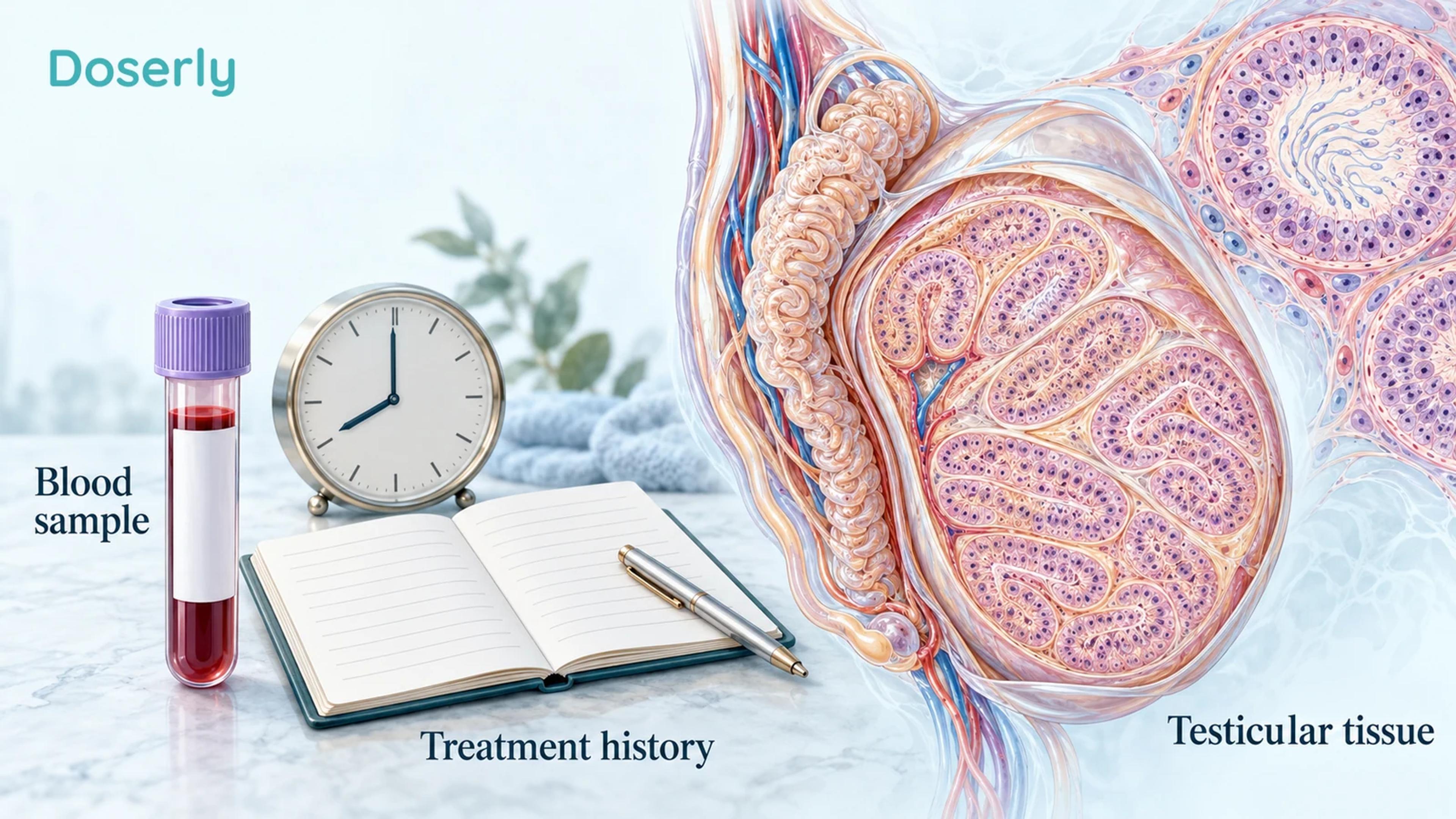 A blood sample, medication history and morning clock accompany conceptual testicular anatomy.