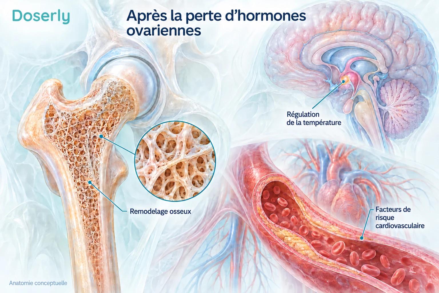 Des illustrations des os, de la circulation et du cerveau montrent les systèmes pris en compte après la perte d’hormones ovariennes.