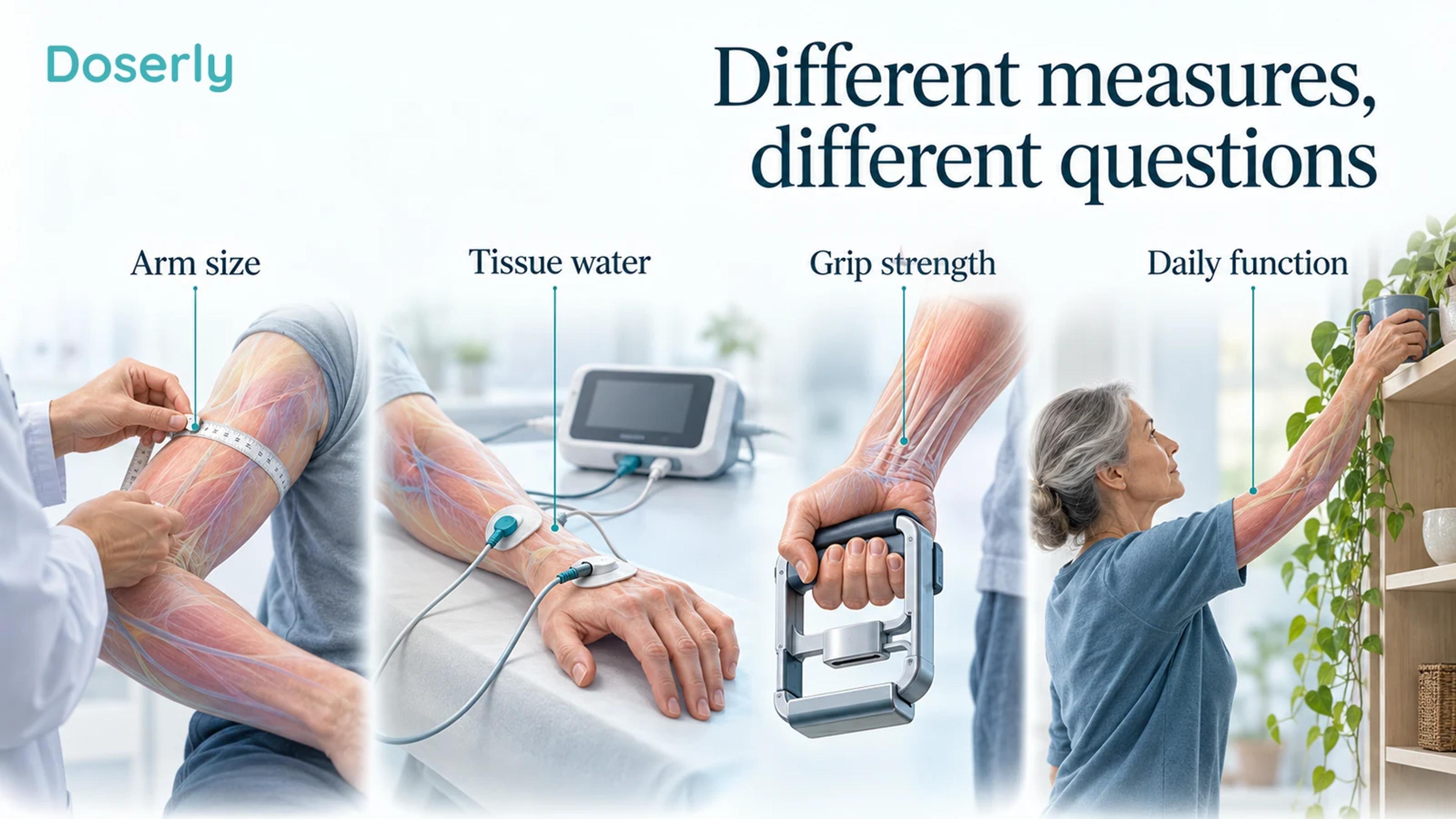 Four conceptual views show arm circumference, tissue water assessment, hand grip testing and a person reaching toward a shelf.