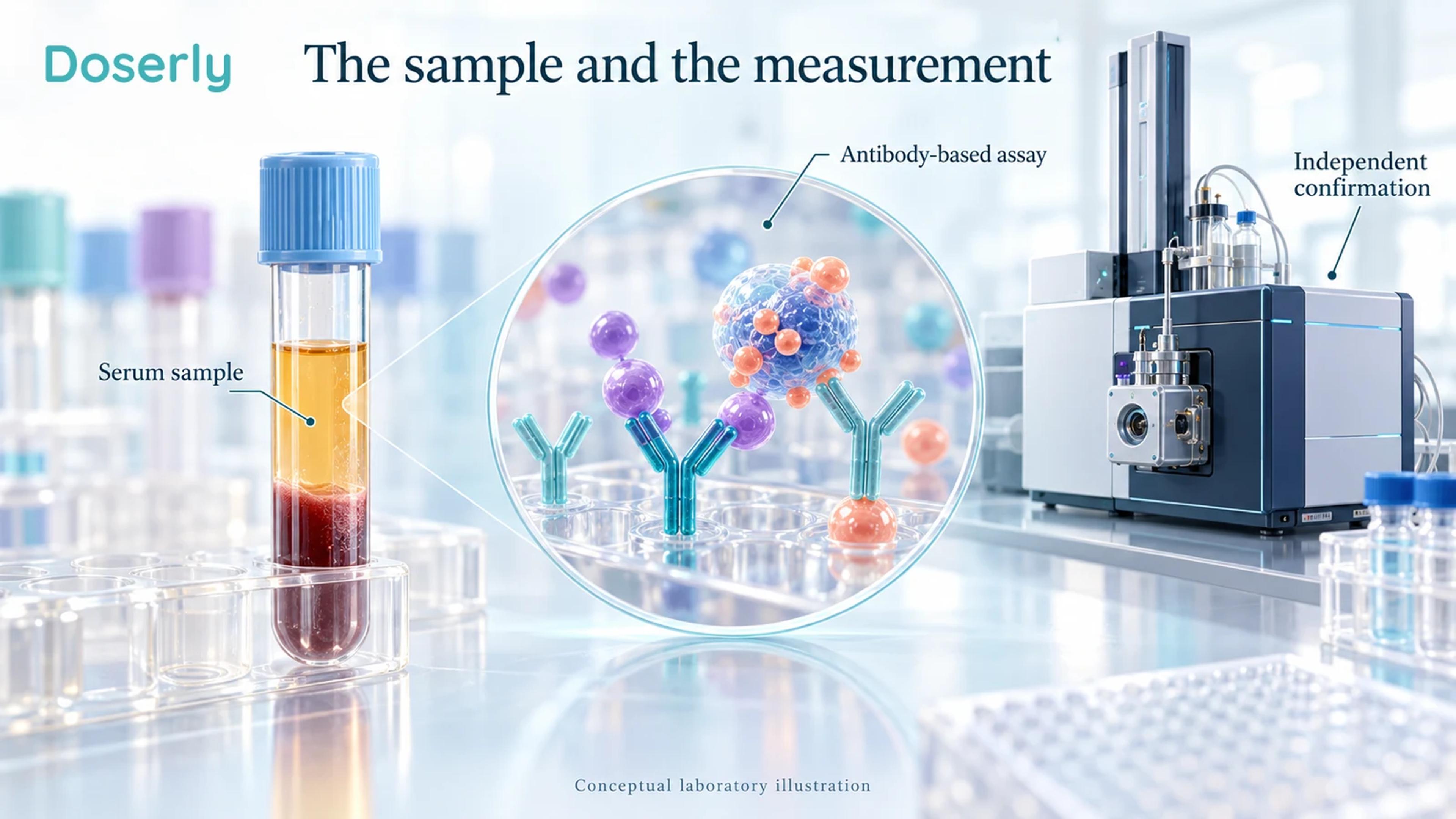 A serum tube, conceptual antibody assay and separate mass spectrometry instrument illustrate different stages of testosterone measurement.