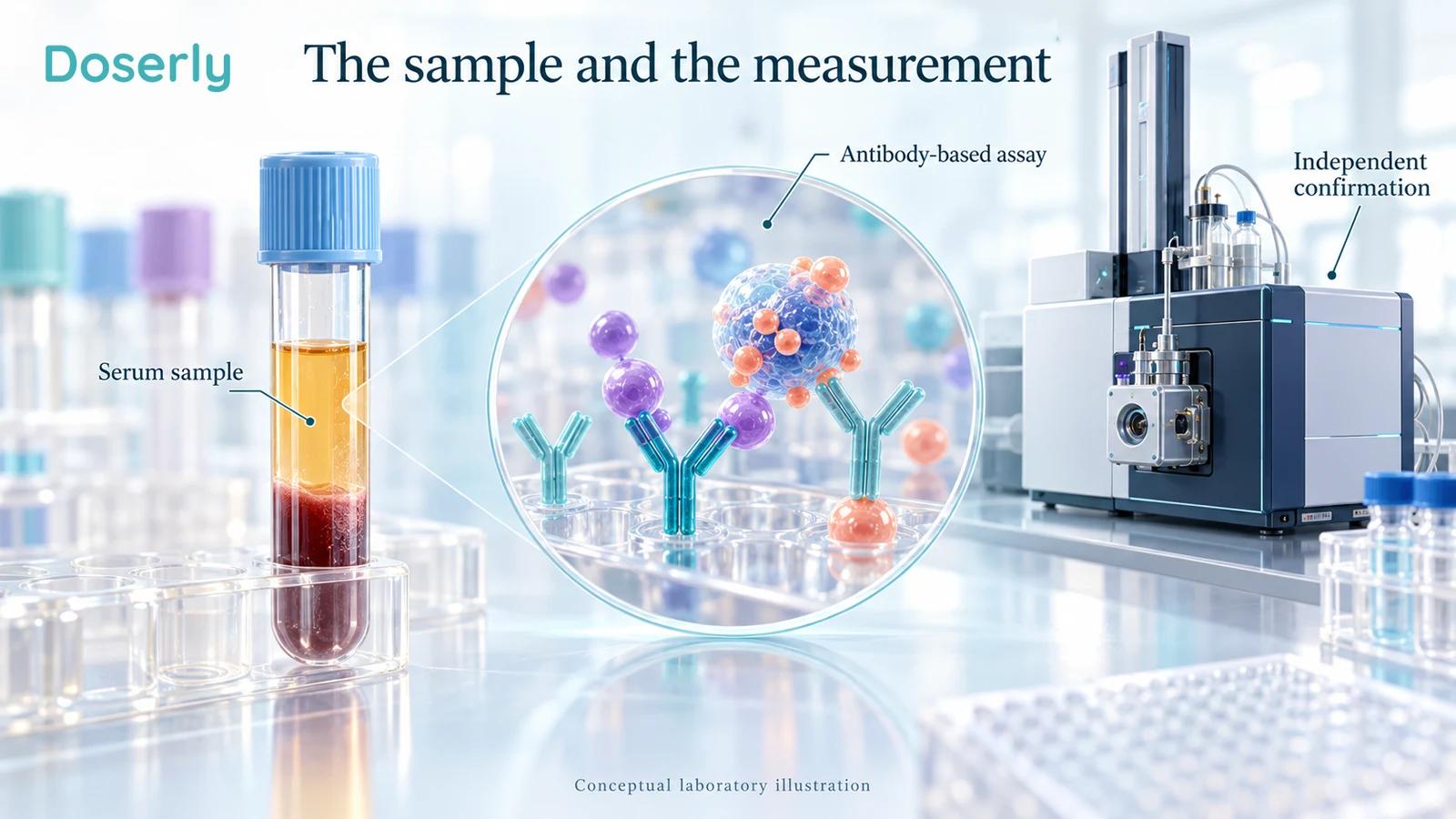 A serum tube, conceptual antibody assay and separate mass spectrometry instrument illustrate different stages of testosterone measurement.
