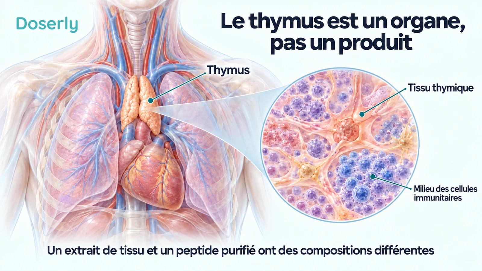 Un thorax translucide montre le thymus et une vue conceptuelle agrandie du tissu thymique.