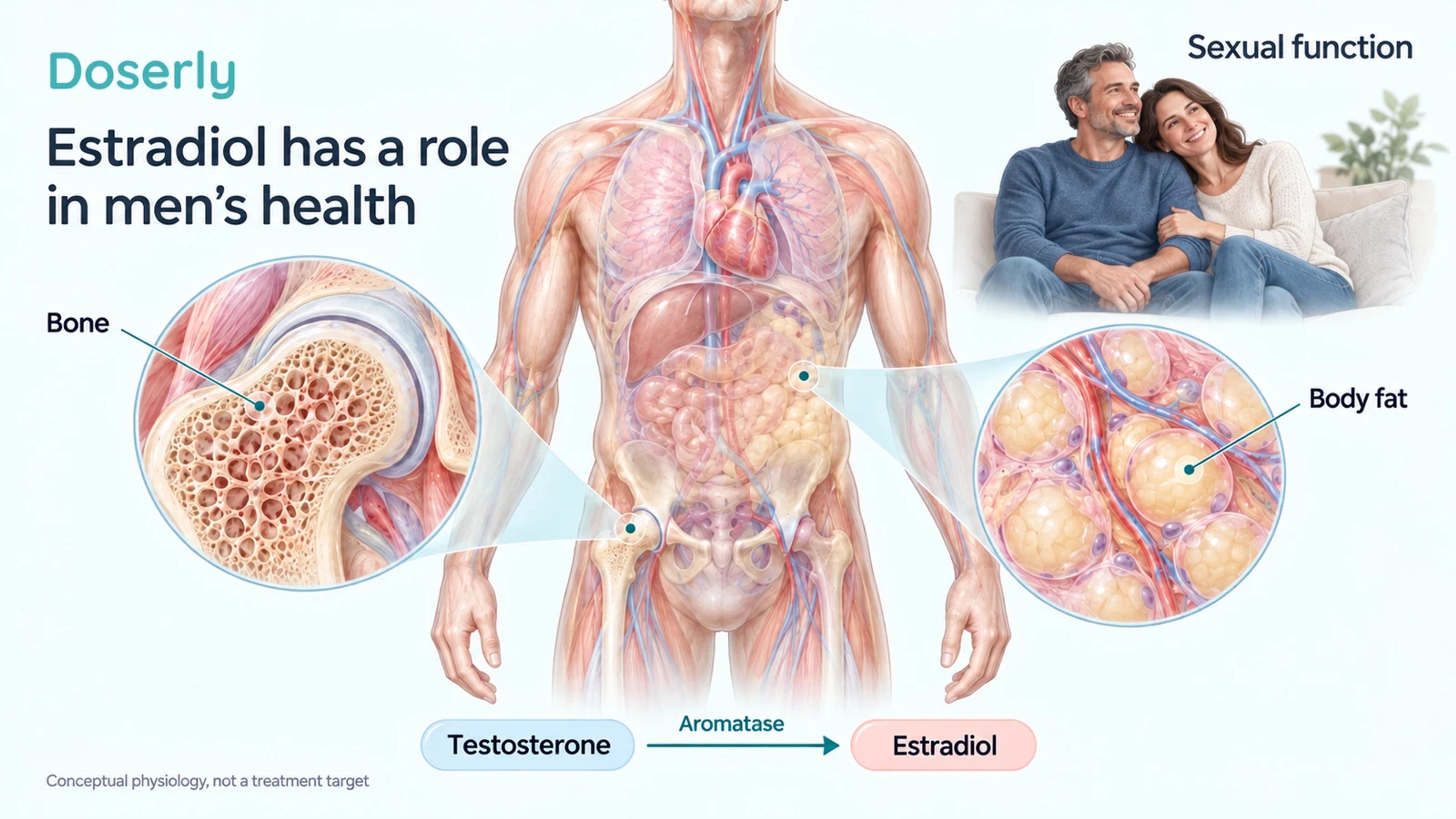 Detailed male torso with bone and fat tissue insets and a separate clothed couple representing sexual function, without assigning that outcome to a brain location.