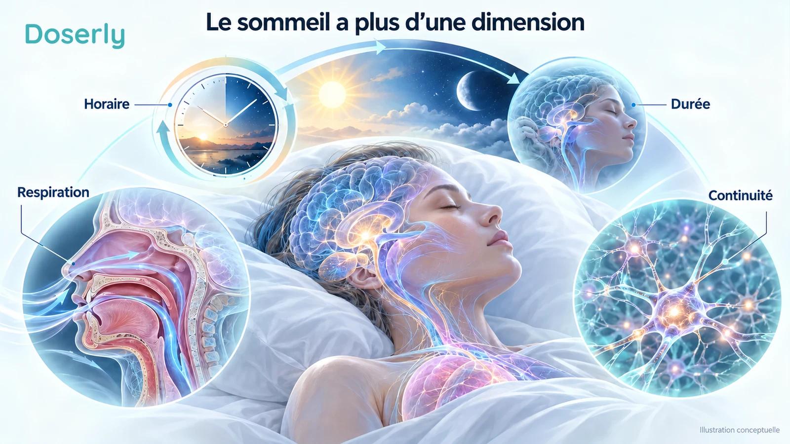 Une personne endormie avec des représentations conceptuelles de l’horaire, de la respiration, de la continuité et de la durée du sommeil.