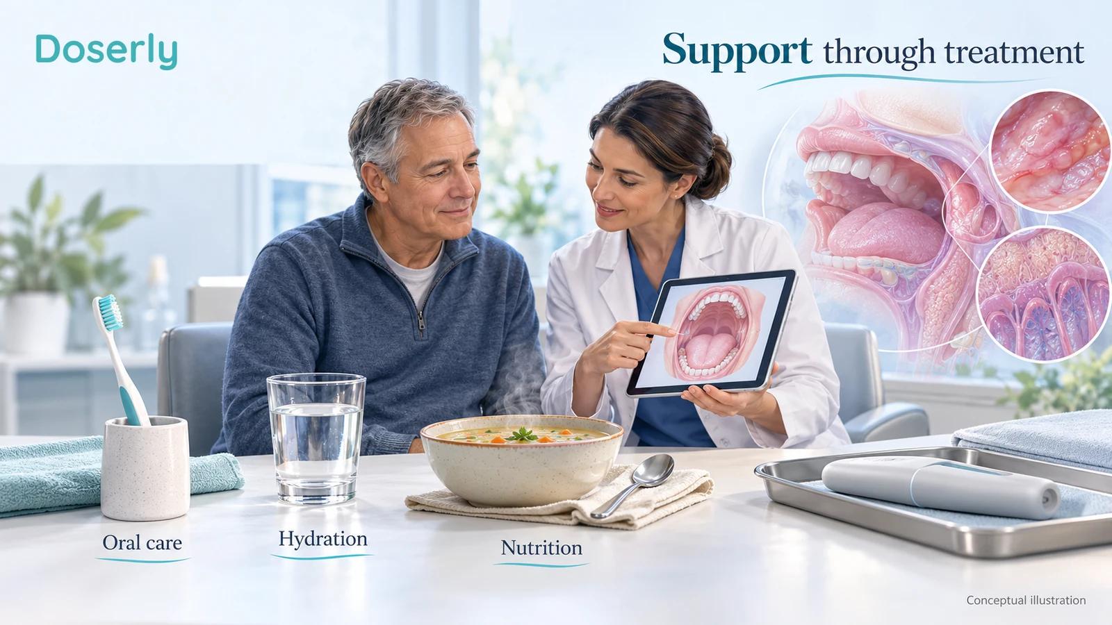 A patient and oral-care clinician discuss an illustrated mouth assessment with nutrition and hydration items nearby.