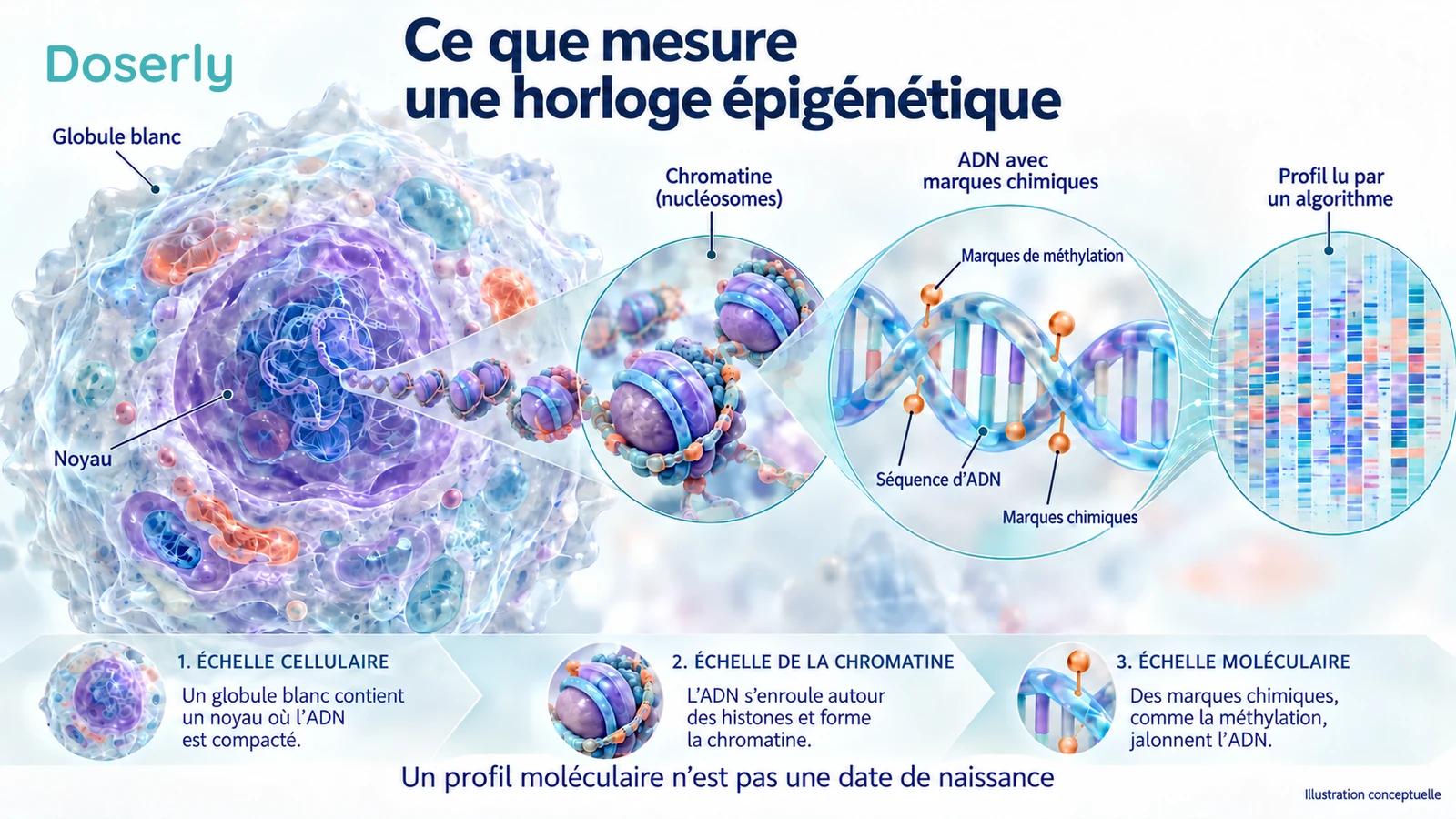 Un globule blanc, de la chromatine et des marques de méthylation schématiques menant à un profil algorithmique