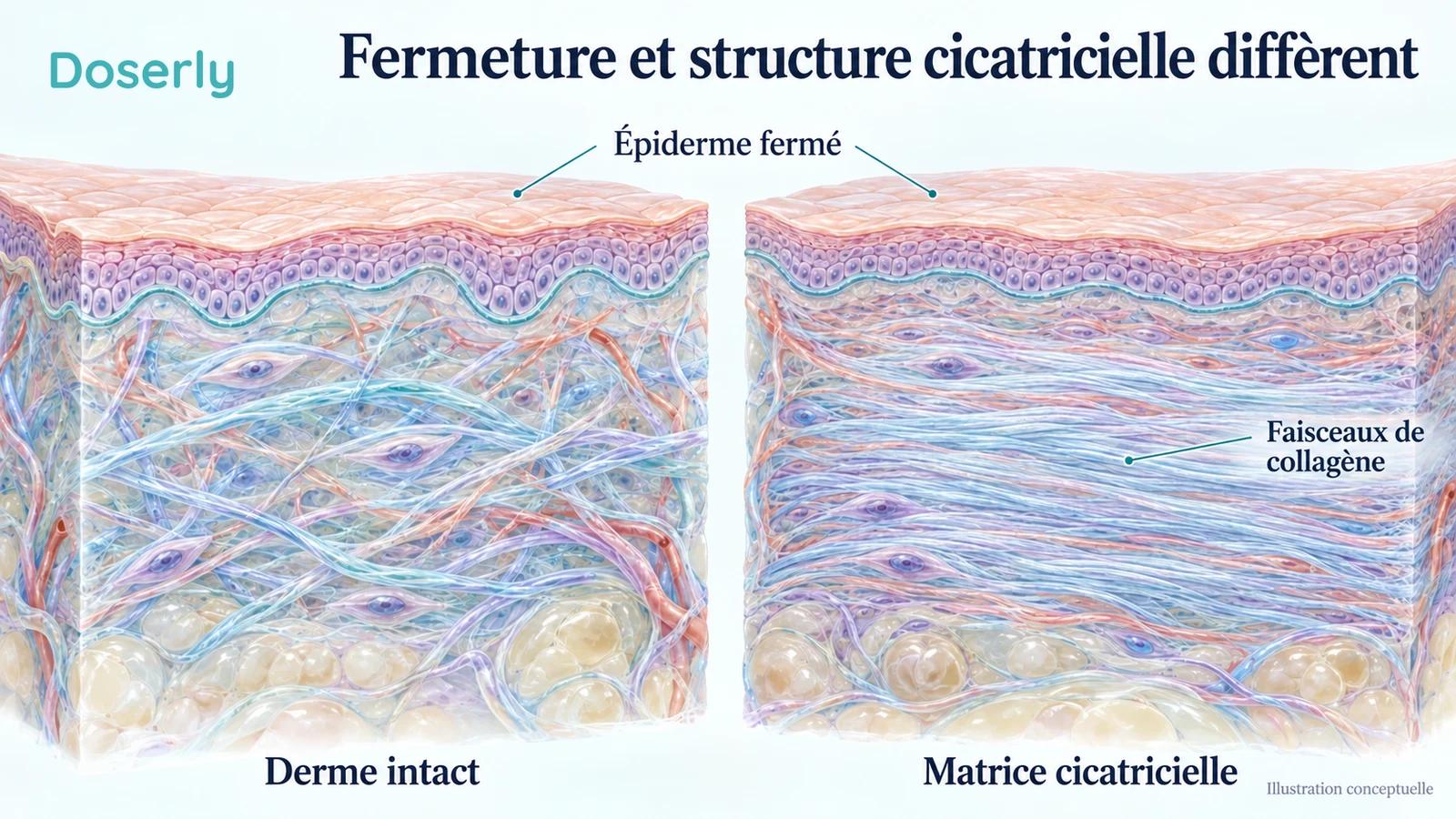 Deux coupes conceptuelles de la peau comparent le collagène dermique entrecroisé à une matrice cicatricielle plus dense sous un épiderme fermé.