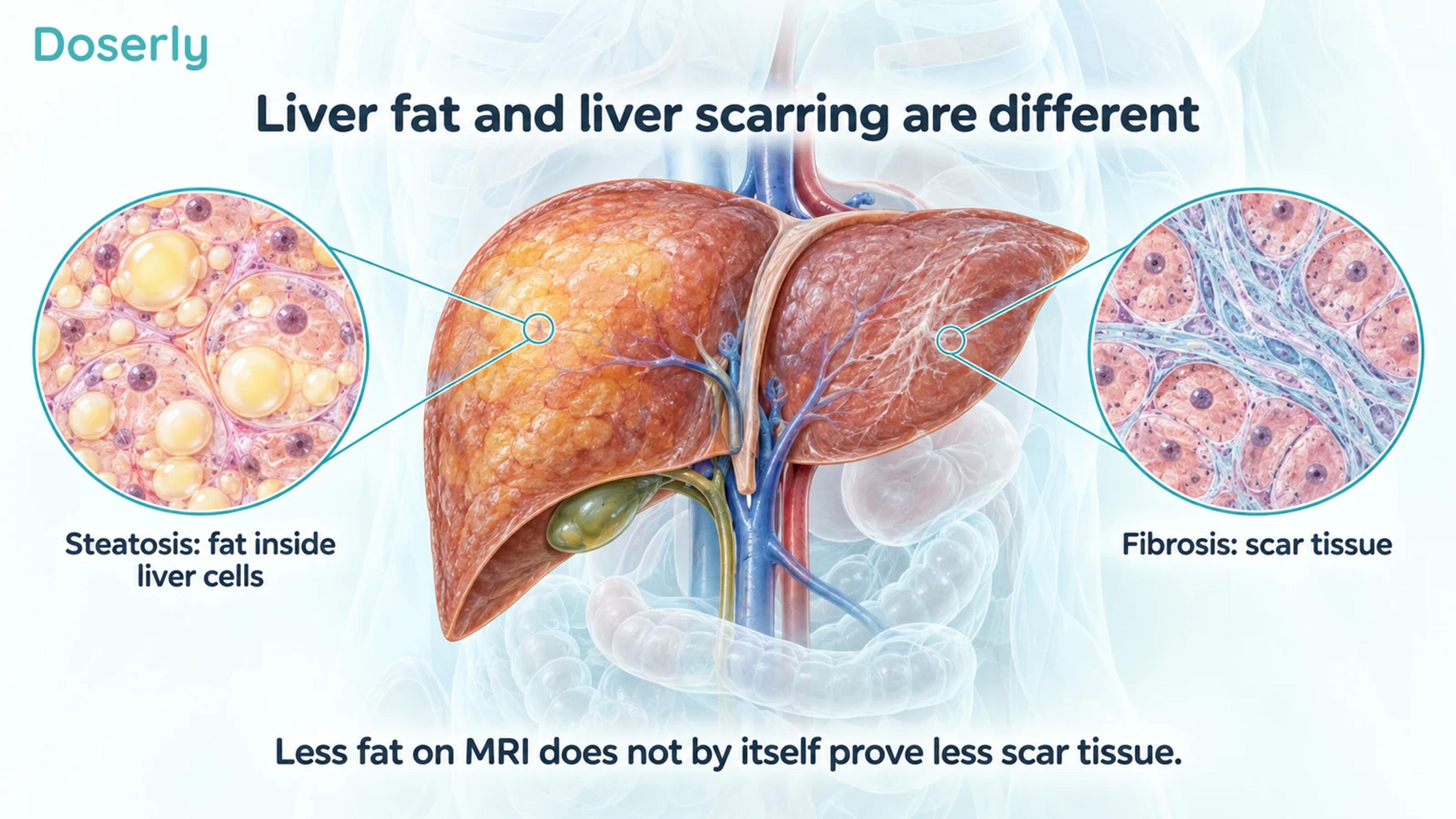 A liver with separate magnified illustrations of fat inside liver cells and fibrous scar tissue between cells.