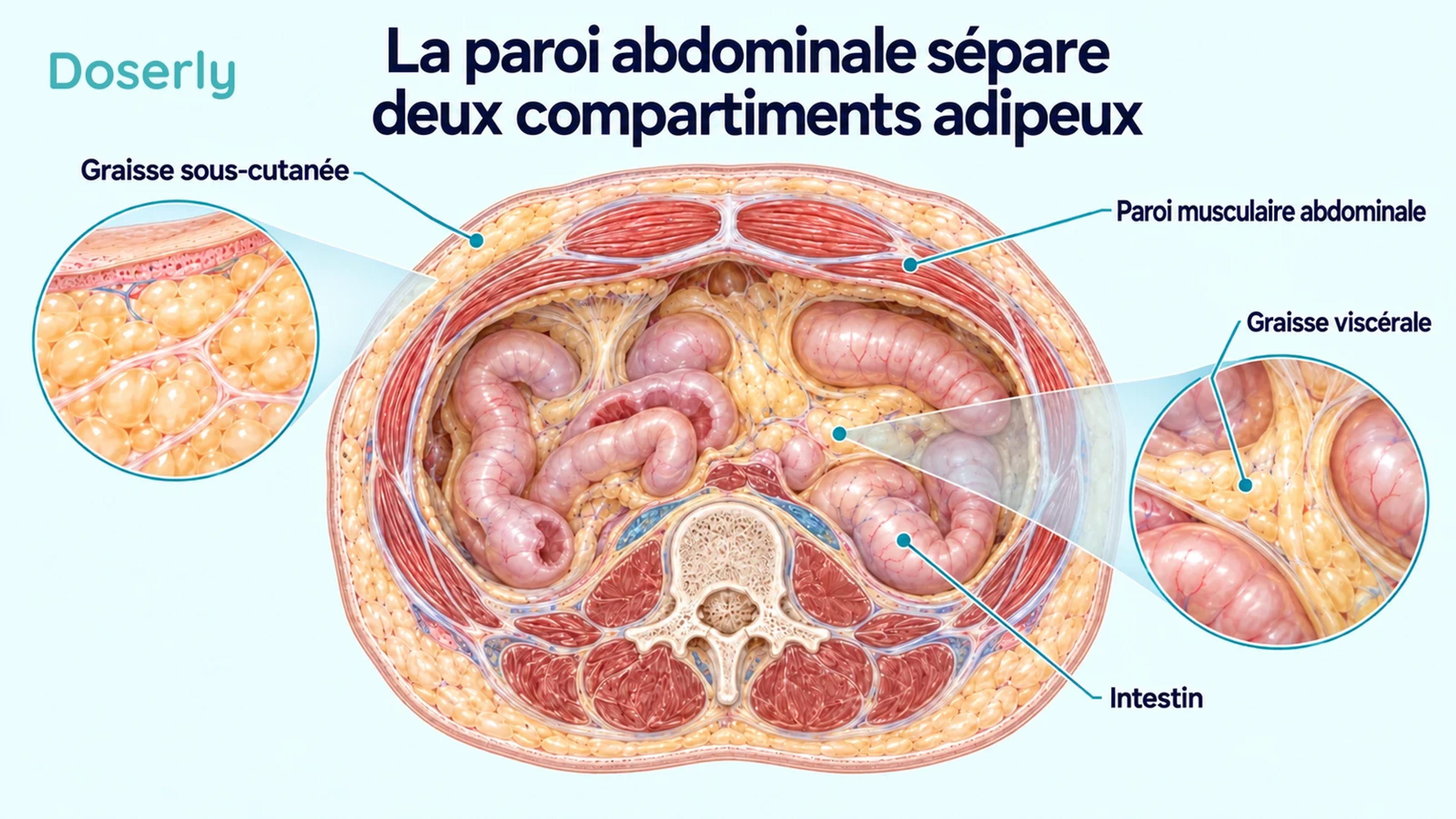 Anatomie abdominale en coupe axiale distinguant la couche sous-cutanée, la paroi musculaire abdominale, l’intestin et la graisse viscérale interne
